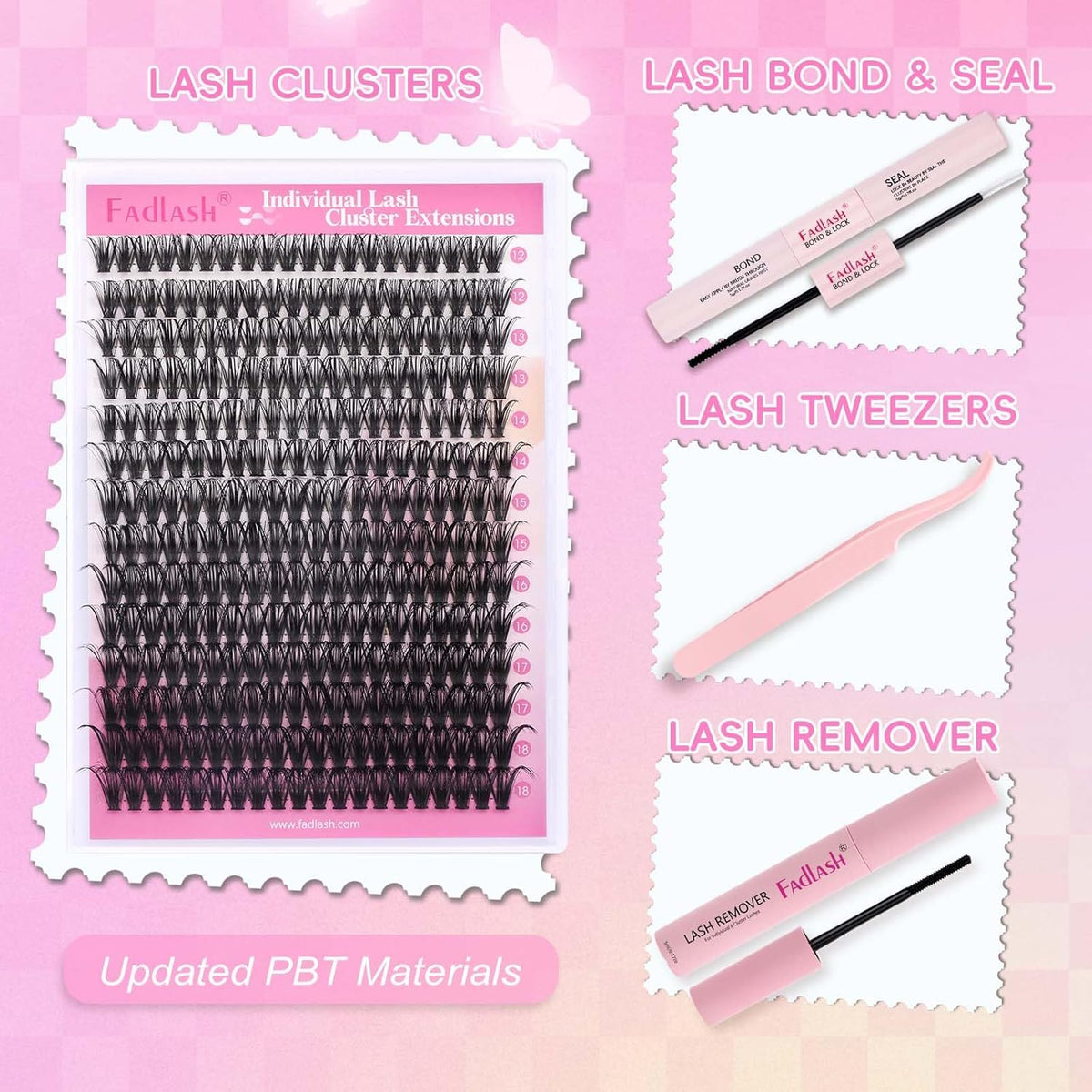 FADLASH Lash Extension DIY Kit Lash Clusters D Curl Cluster Lashes with Lash Bond and Seal Cluster Lashes Glue Remover Lash Tweezers for DIY Eyelash Extension at Home（Kit 50D-0.07D-12-18MIX）, black