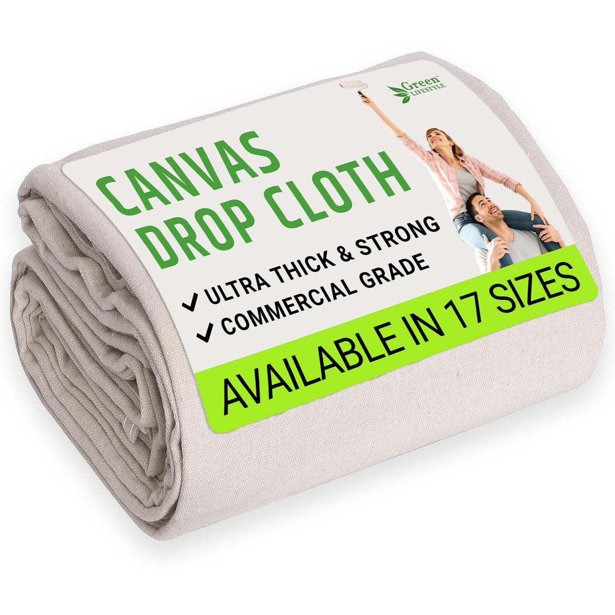 GREEN LIFESTYLE All Purpose Canvas Drop Cloths - Drop Cloth for Painting, Floor Cover, Heavy Duty Protection for Furniture & Surfaces, Reusable Painters Canvas Tarp for Renovation & Home (4x12)
