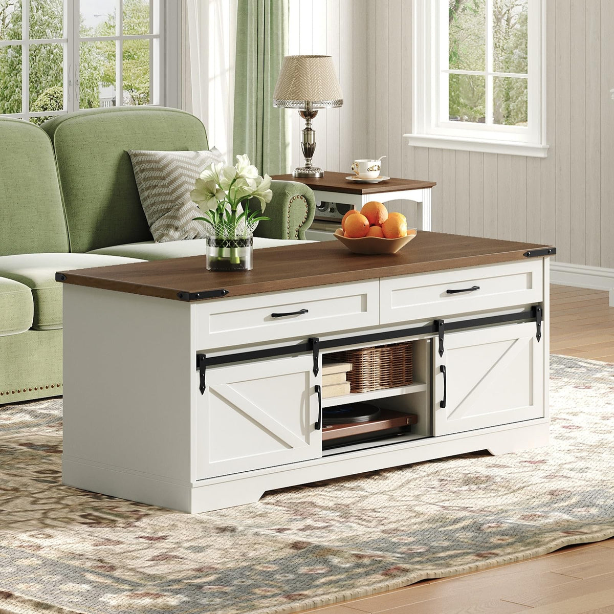 RALGEND 47" Farmhouse Coffee Table with Storage and Sliding Barn Doors, Large Rustic Center Table with 2 Drawers & Open Compartments, Wooden Coffee Table for Living Room, White and Walnut