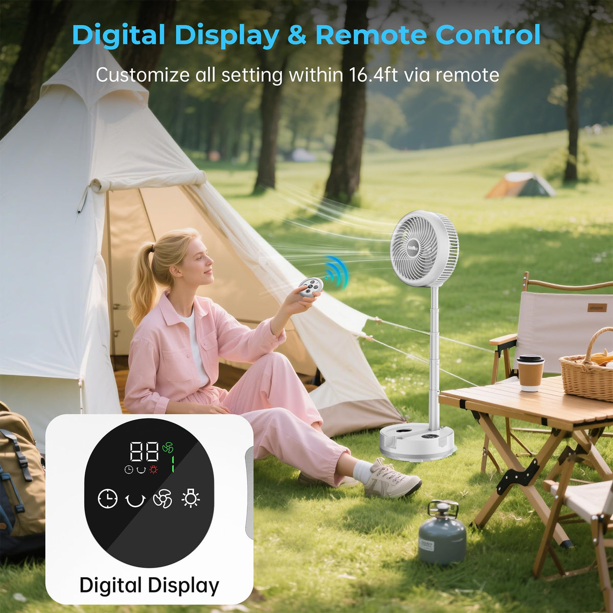 AddAcc 40000mAh Battery Operated Fan, Rechargeable Collapsible Fan, 106H Run, 9 Speeds Oscillating with Remote, Battery Powered with Timer & Light for Travel Cruise Essentials RV Outdoor Power Outage