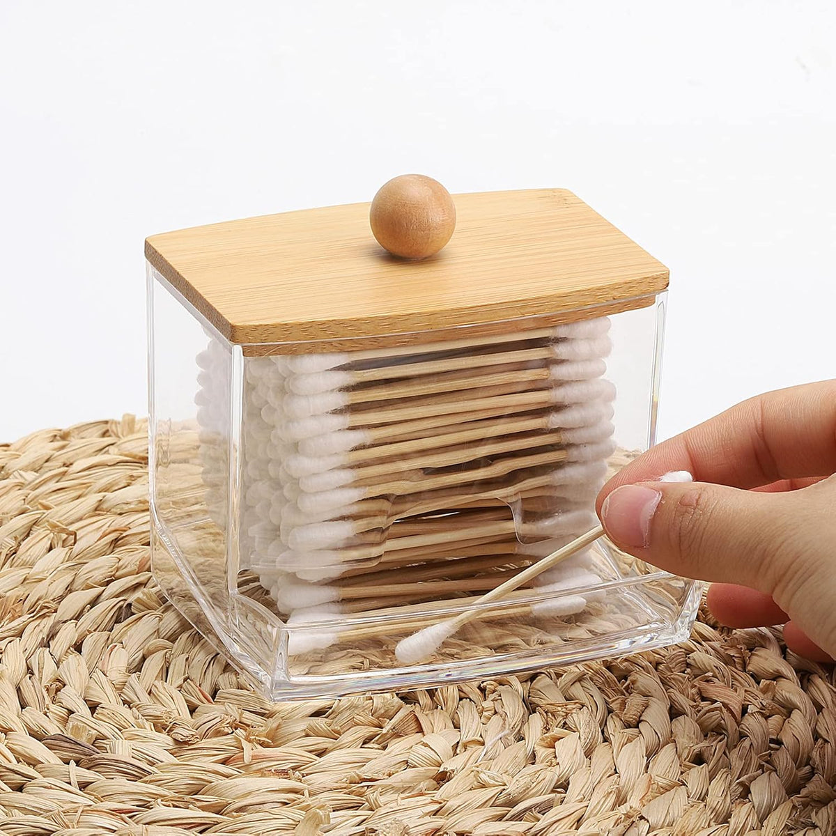 Tbestmax 10oz Qtip Holder Dispenser with Bamboo Lids, Big Clear Bathroom Organizer Accessories Decor for Storage-Qtips Cotton Ball Holder Apothecary Jars, Cotton Swabs, Floss Container