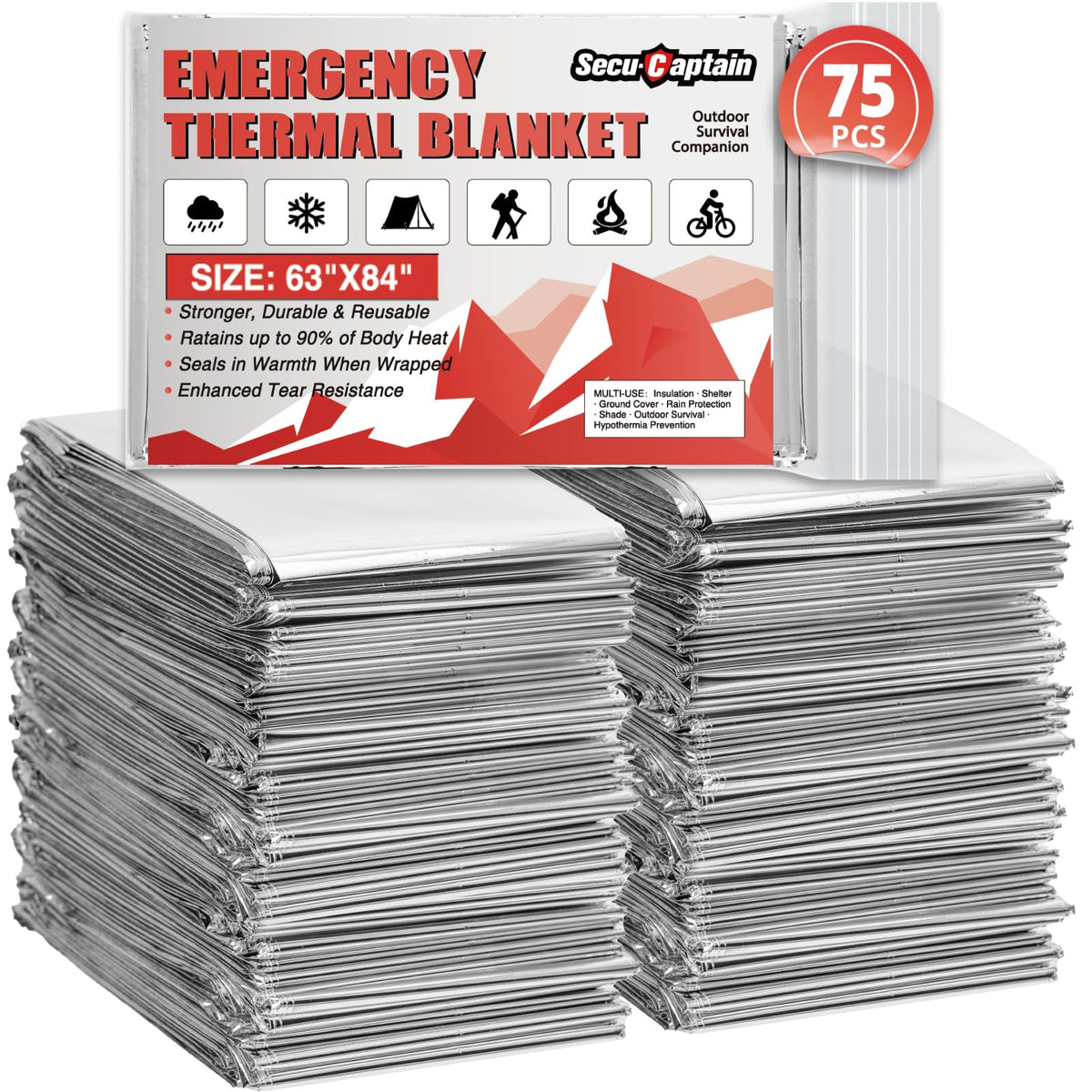 SecuCaptain Survival Emergency Thermal Blankets: Thicken 28um Space Mylar Blanket Kit for Outdoor Cold Winter Camping, Hiking, Car Bug Out Bag, or First Aid - Woodland Camo 4 Pack