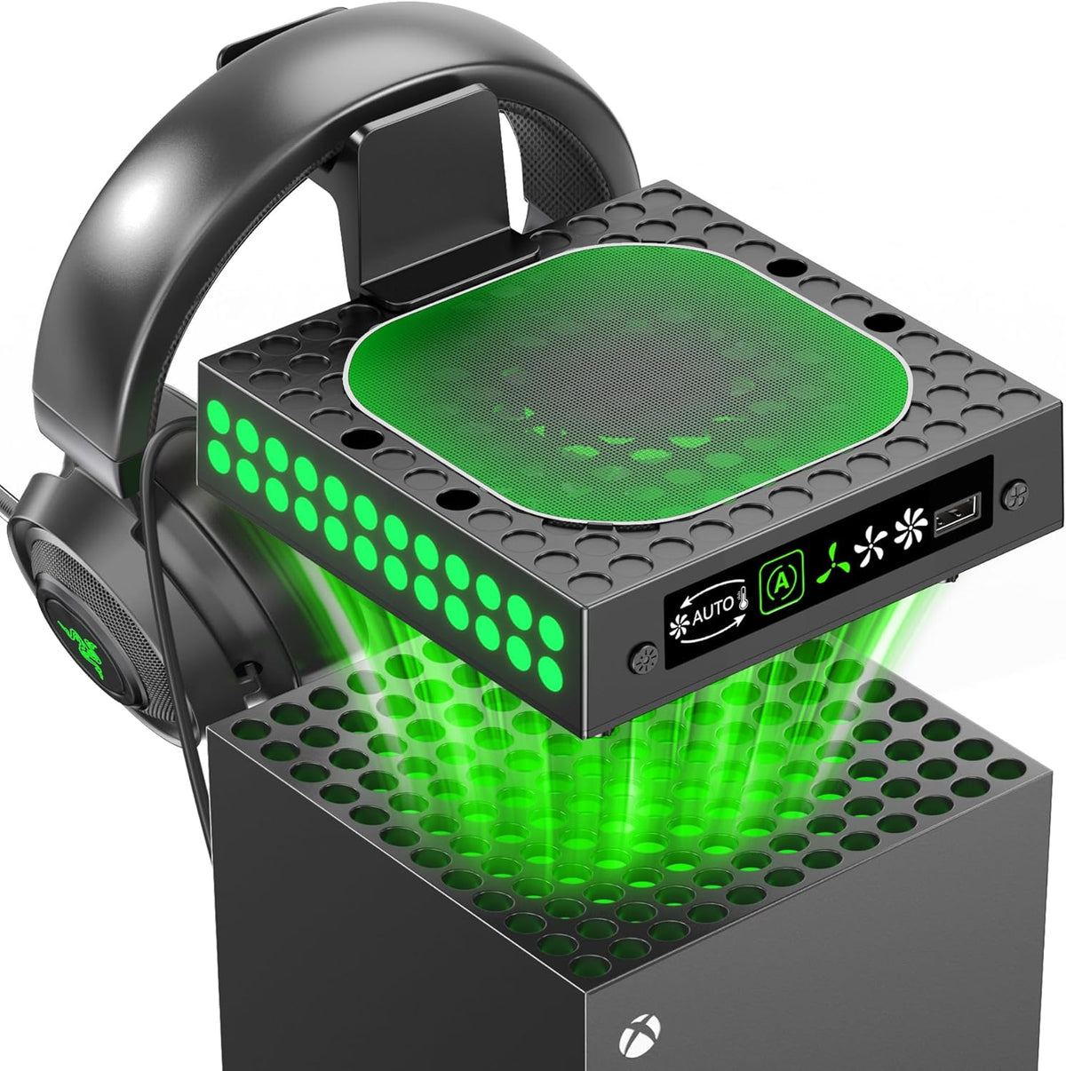 XBX Series X Cooling Fan Dust Proof with Auto Mode, for Xbox Series X Console with LED Lights, Built-in AUTO Adjustable Fan Cooling System, Xbox Series X Top Cooler, Game Accessory with Headset Holder