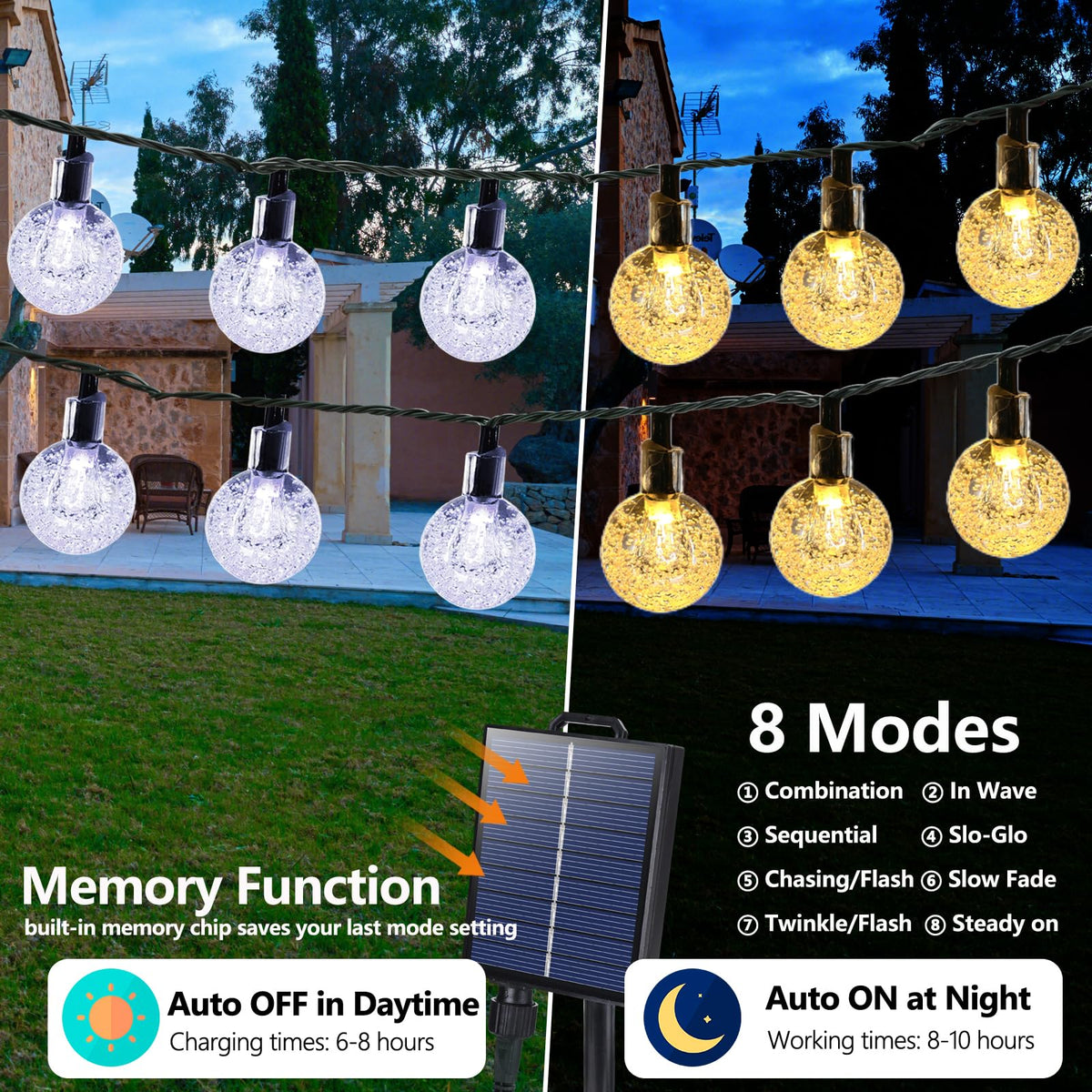 Joomer Solar String Lights Outdoor, 65FT 100LED Solar Globe String Lights 8 Lighting Modes, Waterproof Solar Powered Patio Light for Garden Yard Porch Wedding Party Outdoor Decoration (Warm White)
