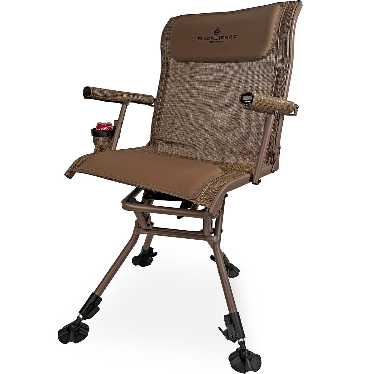 Black Sierra Heavy Duty Swivel Hunting & Camping Chair Supports 300 Lbs, XL 360° Silent Swivel for Hunting Blind, Portable Ground Chair w/All Terrain Feet, Padded Armrests w/Carry Strap and Cupholder