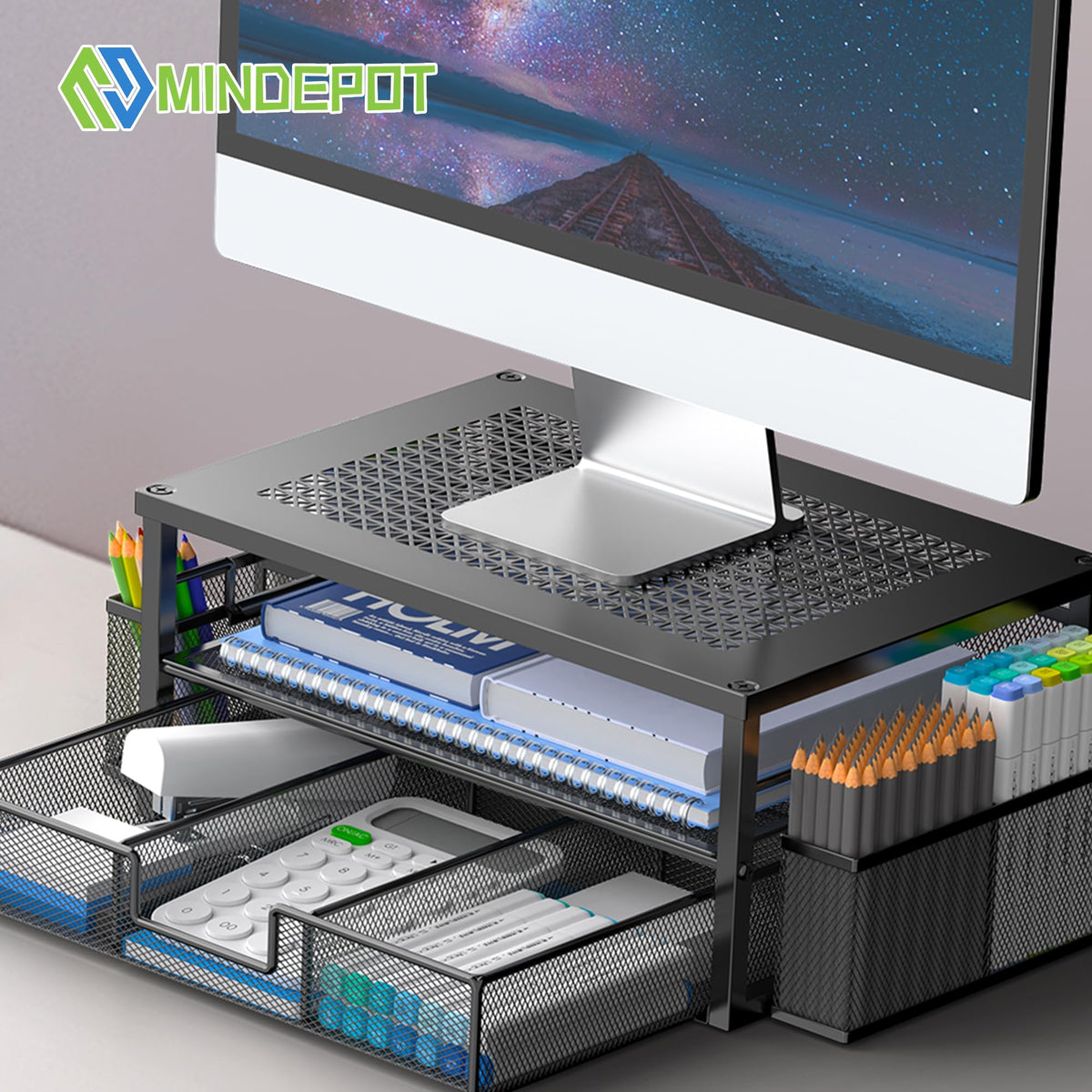 MINDEPOT 2 Tier Computer Monitor Stands with Drawer and 2 Pencil Holder, Metal Monitor Stand, Office Desk Accessories Workspace Desktop Organizers for Office Supplies, Black