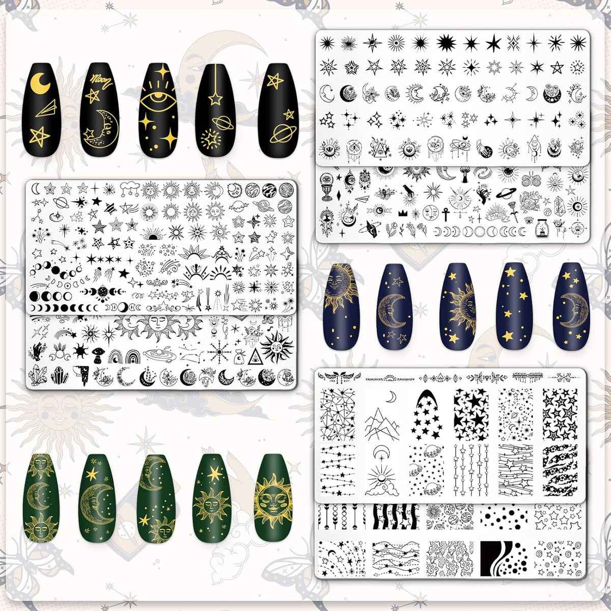 Whaline 6Pcs Sun Moon Star Nail Plates Stamping Set Groovy Stamp Templates Nail Art Plates for DIY Print Manicure Salon Design Gift Supplies