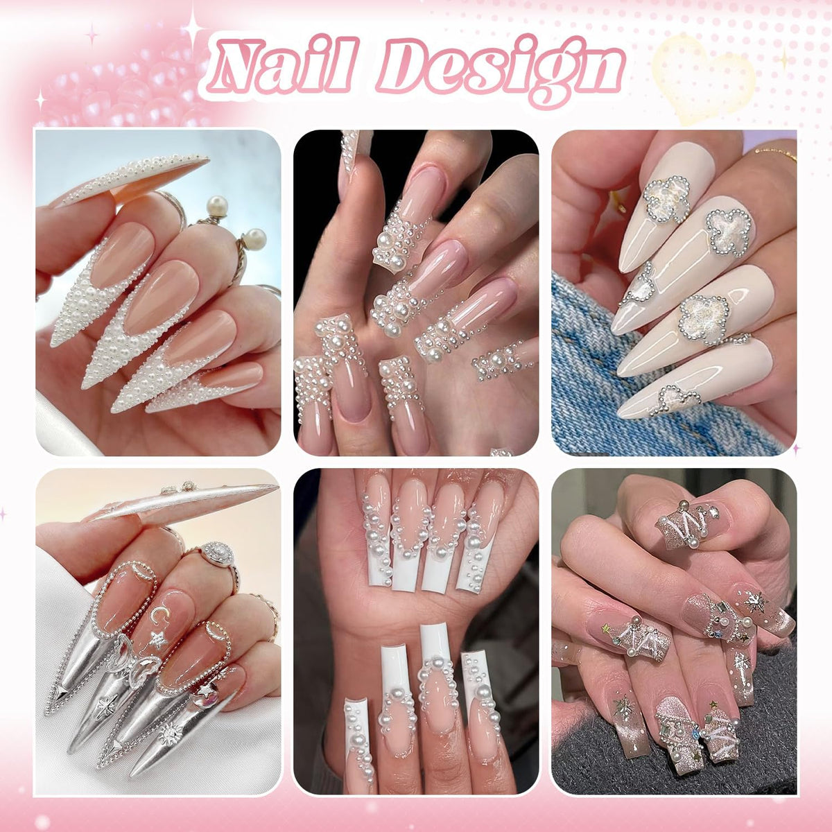 2 Boxes Flatback Pearls (White) and Metal Nail Beads (Silver) with Rhinestones Glue Gel for Nail Art, Pearl Nail Charms and Round Caviar Beads Nail Accessories for Acrylic Nail Tips Manicure Decor