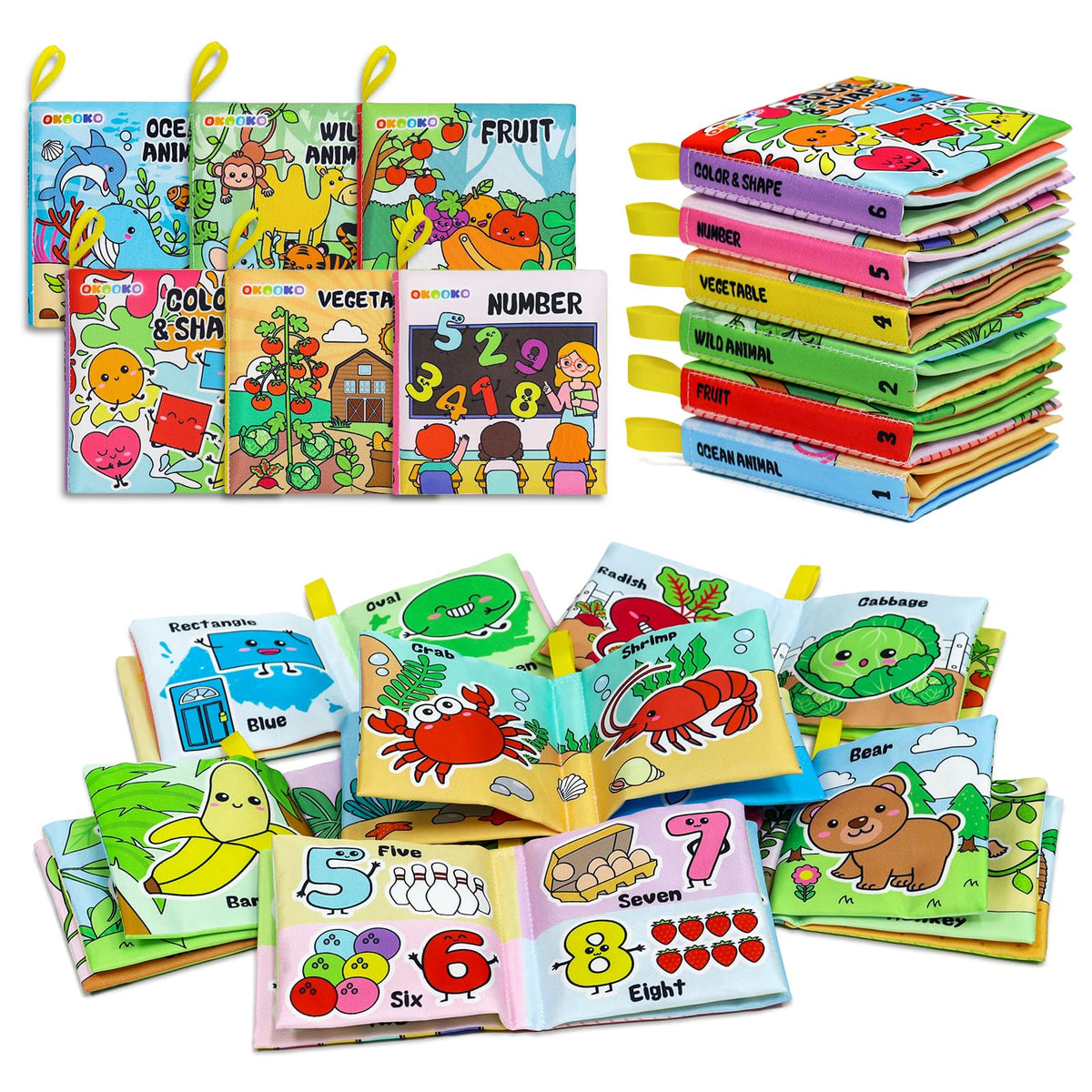OKOOKO Soft Baby Books 6PCS Soft Cloth Books Bath Books Crinkle Washable Non-Toxic Early Education Preschool Learning Toy for Newborns Babies Infants Toddlers Kids