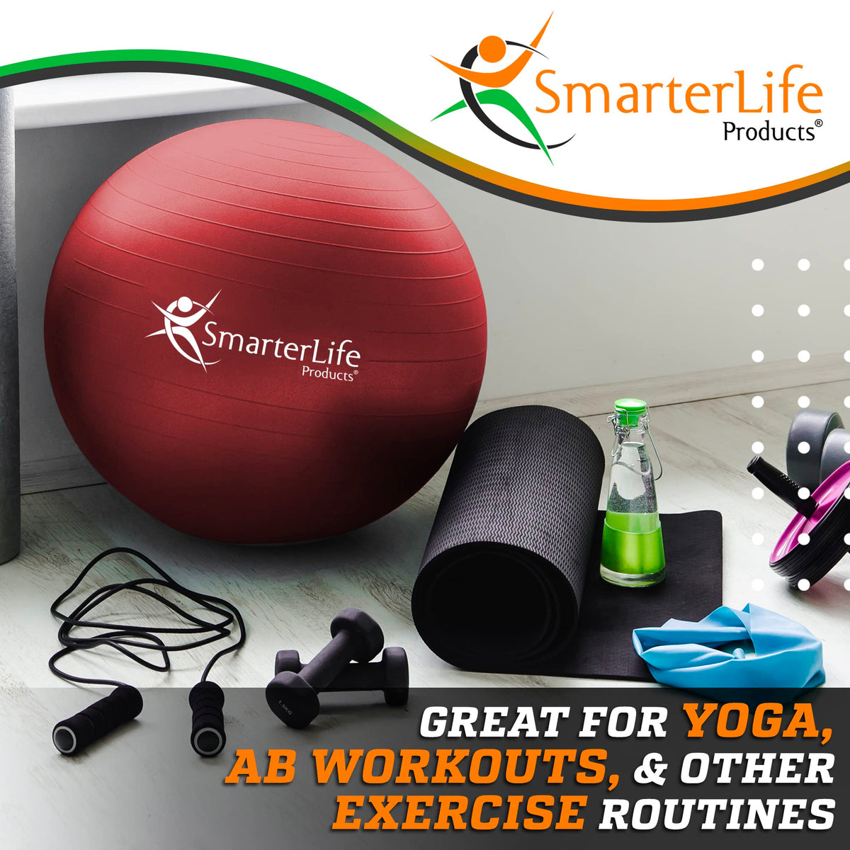 SmarterLife Exercise Ball Yoga Ball for Fitness, Balance, Stability, or Pregnancy, Gym Ball for Core Workout, Physical Therapy, Yoga Ball Chair for Office, Anti-Slip Anti-Burst (65 cm, Red)