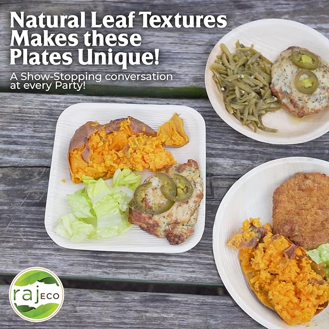 Raj Palm Leaf Plates Plates like Bamboo plates Disposable, Decorative Compostable Tableware for wedding, Lunch, Dinner, Birthday, Camping, Outdoor BBQ, Picnic (9.5"x100 7"x100 (200 Pack))