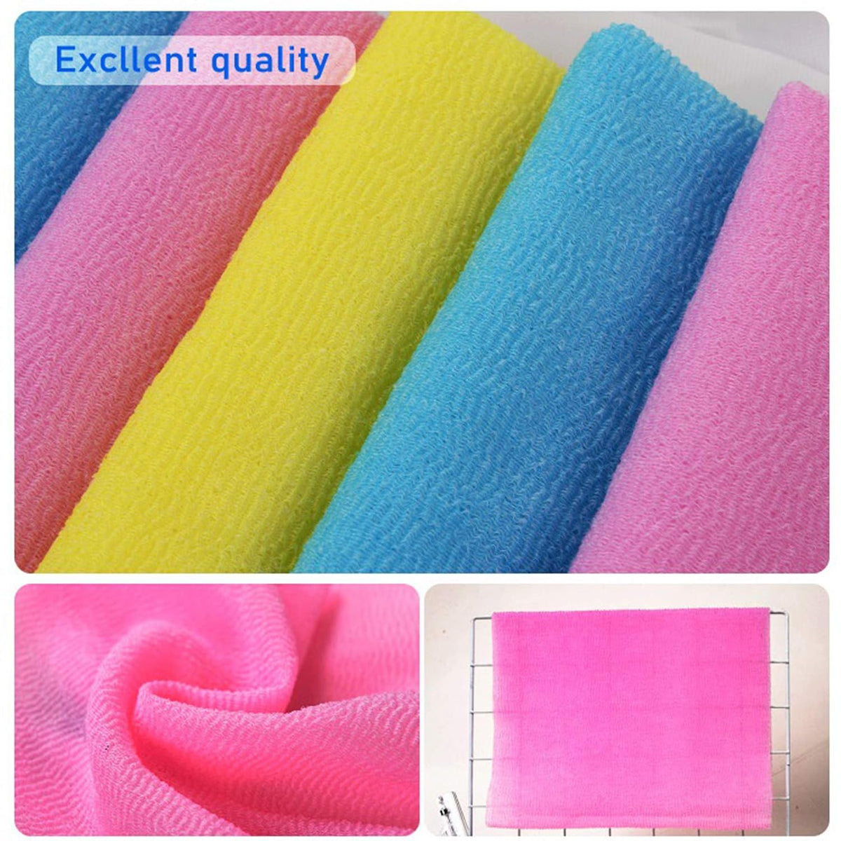 ARCH&M 3-Pack Premium Nylon Exfoliating Towel - 35-Inch Quick-Dry, Hygienic Japanese Washcloth for Body & Back - Durable, Machine Washable, Long-Lasting (Peach Purple Pink)