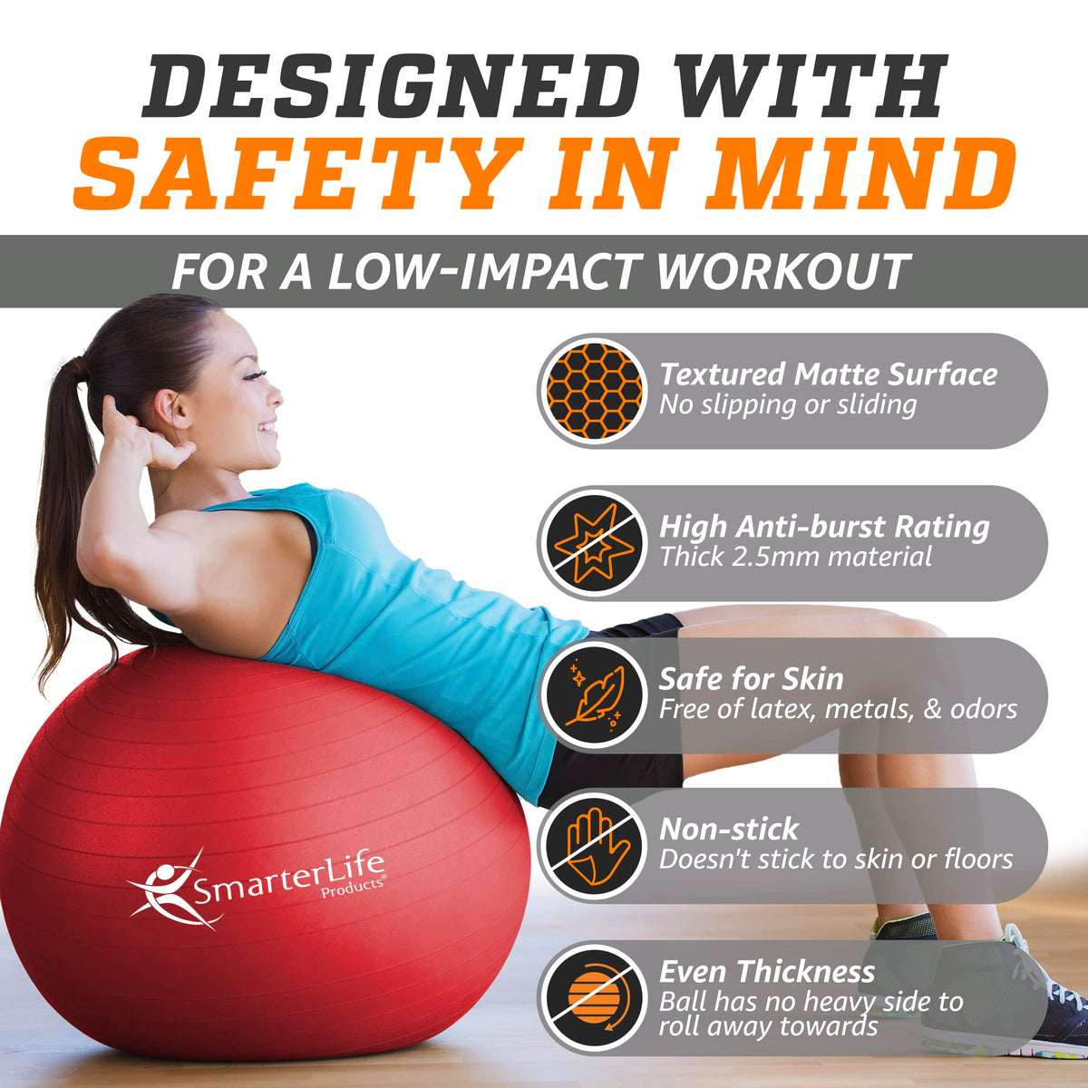 SmarterLife Exercise Ball Yoga Ball for Fitness, Balance, Stability, or Pregnancy, Gym Ball for Core Workout, Physical Therapy, Yoga Ball Chair for Office, Anti-Slip Anti-Burst (65 cm, Red)