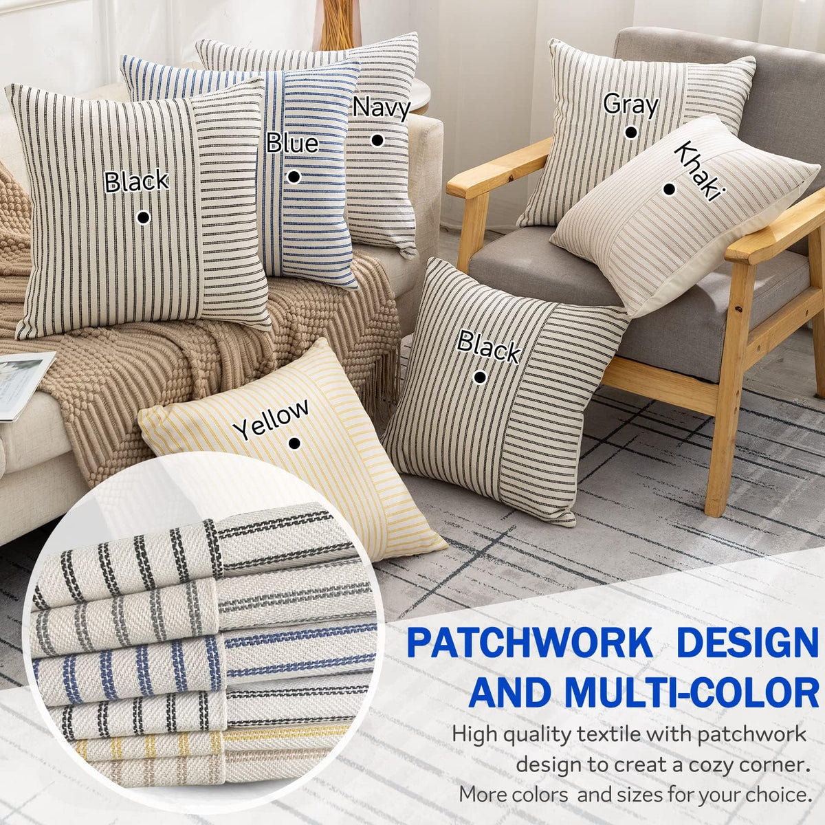 Farmhouse Pillow Covers 18x18, Modern Accent Square Throw Pillow Covers Set of 2, Blue and Beige Striped Patchwork Linen Decorative Pillows Cushion Covers for Couch Chair Bedroom Fall Decorations