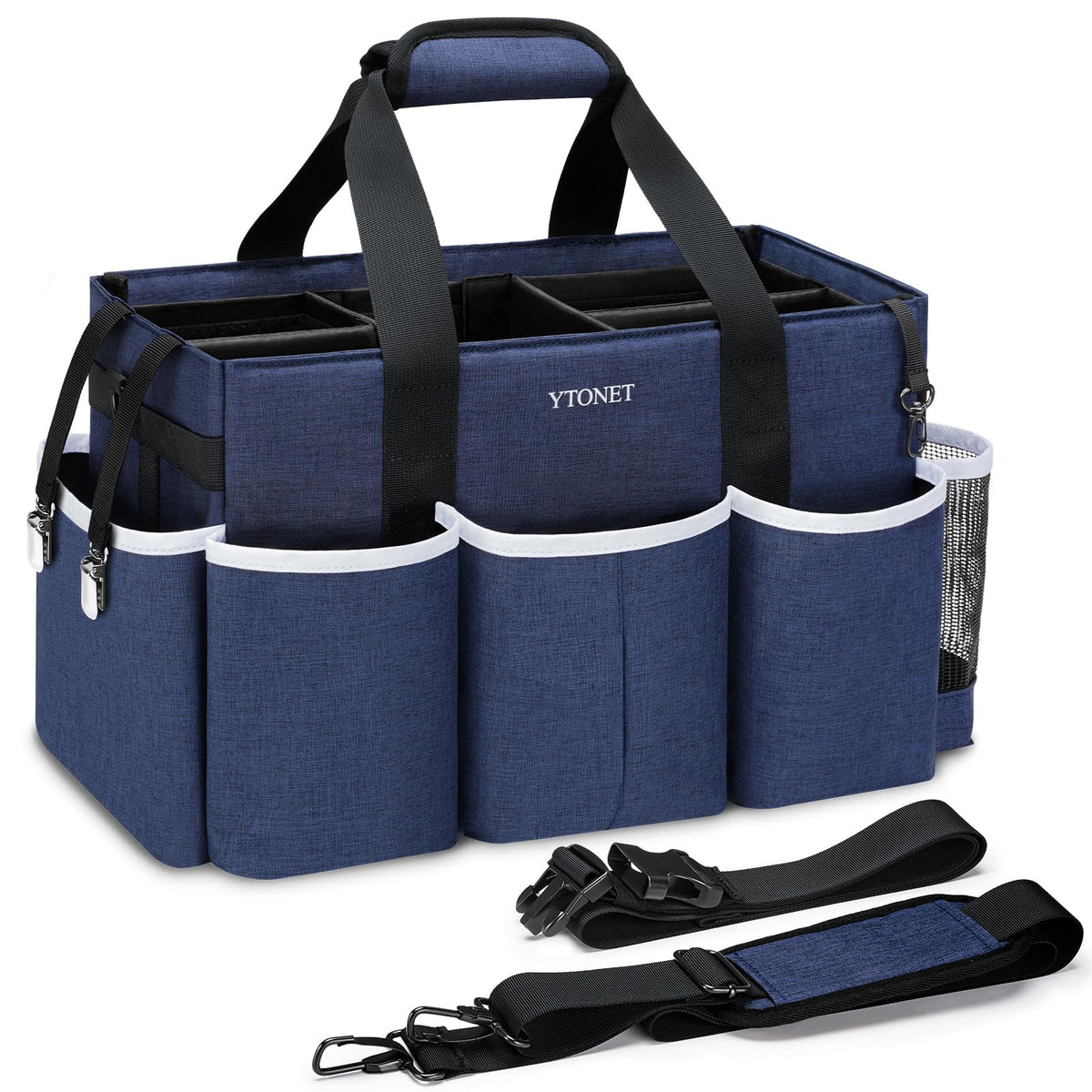 Ytonet Wearable Cleaning Caddy Bag, Large Cleaning Supplies Organizer with 4 Foldable Dividers, Kitchen Caddy Organizer with Handle & Adjustable Shoulder Straps for Cleaners & Housekeeper, Blue