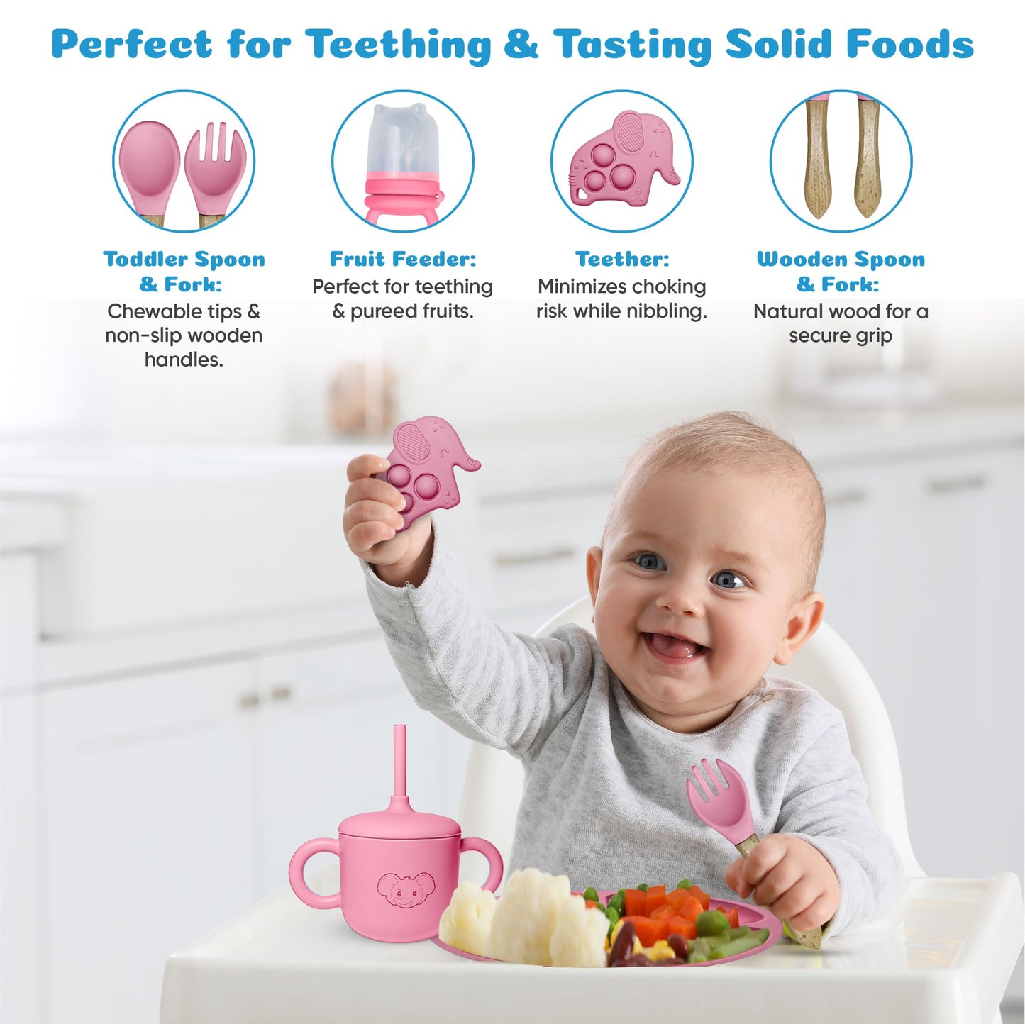 Silicone Baby Feeding Set - Baby Led Weaning Supplies with Sippy Cup, suction plate and bowl, Spoons, Forks, Fruit Pacifier, Bib, and Baby Eating Essentials for 6+ Months - Eight4you