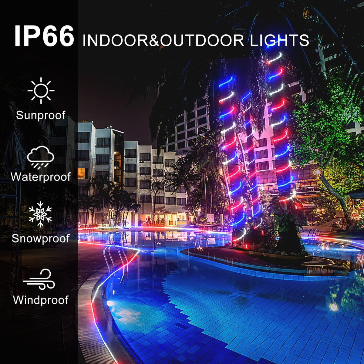 Kenburg 4th of July Red White and Blue Rope Lights with Patriotic Music, 50ft 600 LED 8 Modes Fourth of July Decorations Plug in Timer Tree Lights Outdoor for Independence Day Memorial Day