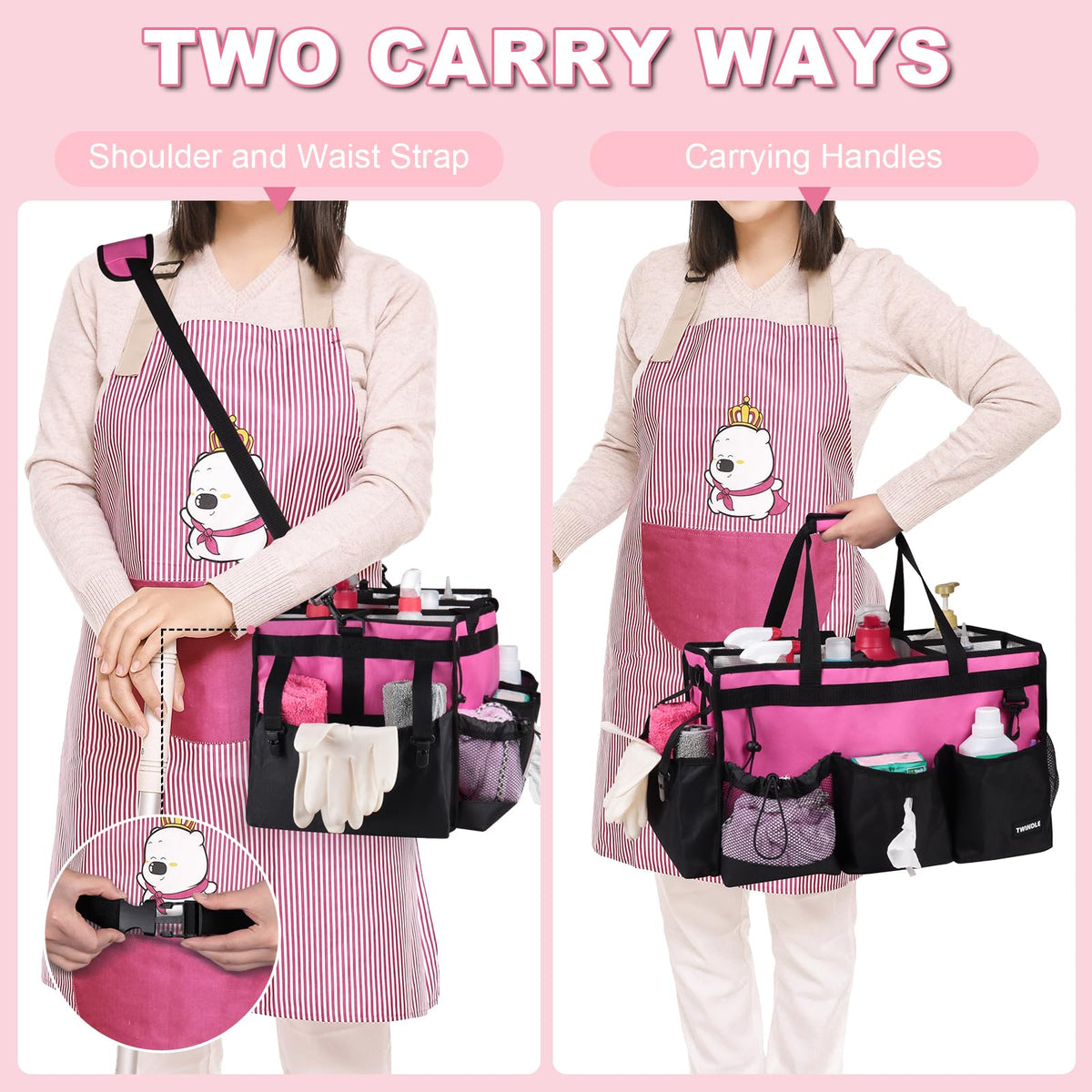 Extra-Large Cleaning Caddy With Detachable Divider,Cleaning Caddy For Cleaning Supplies,19.69" X 11.42" X 11.42" Large Cleaning Supply Caddy With Adjustable Shoulder Strap & Waist Belt For Cleaners