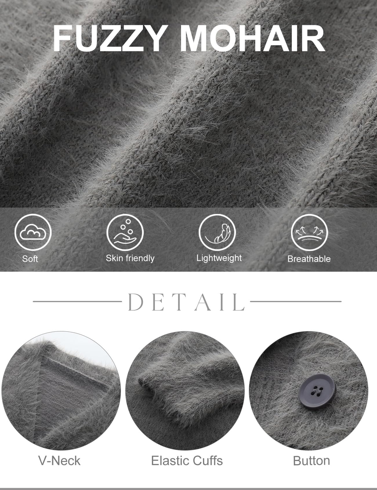 COZYPOIN Womens Fuzzy Mohair Cardigan Open Front Button Down V-Neck Long Sleeve Sweater Slouchy Drop Shoulder Knit Coat(Grey-L)