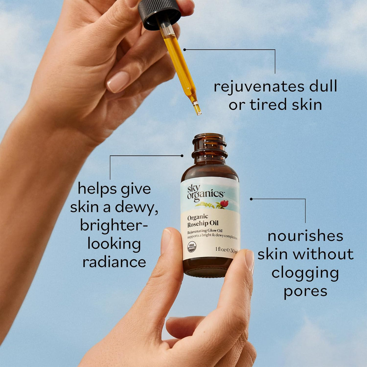 Sky Organics Organic Rosehip Oil (1oz) Cold-Pressed Rosehip Seed Oil, Anti-aging Face Oil, Antioxidant Face Oil, 100% Pure Anti-Aging Rosehip Seed Oil for Radiant Skin, Hair and Acne