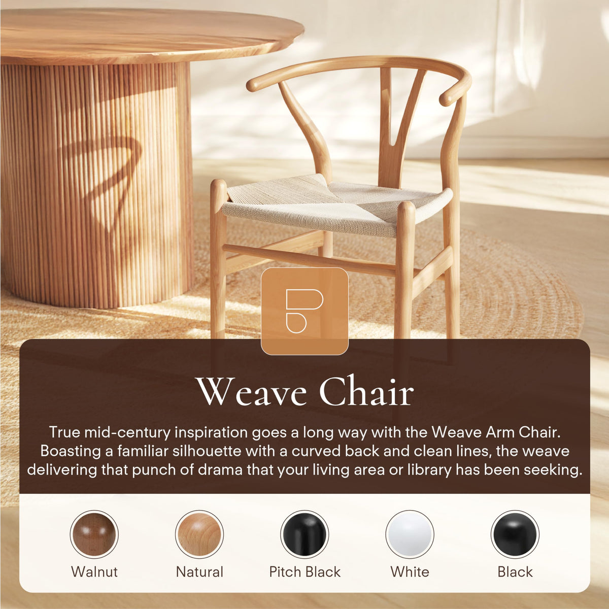 Poly and Bark Weave Modern Wooden Mid-Century Dining Chair, Hemp Seat, Natural (Set of 2)