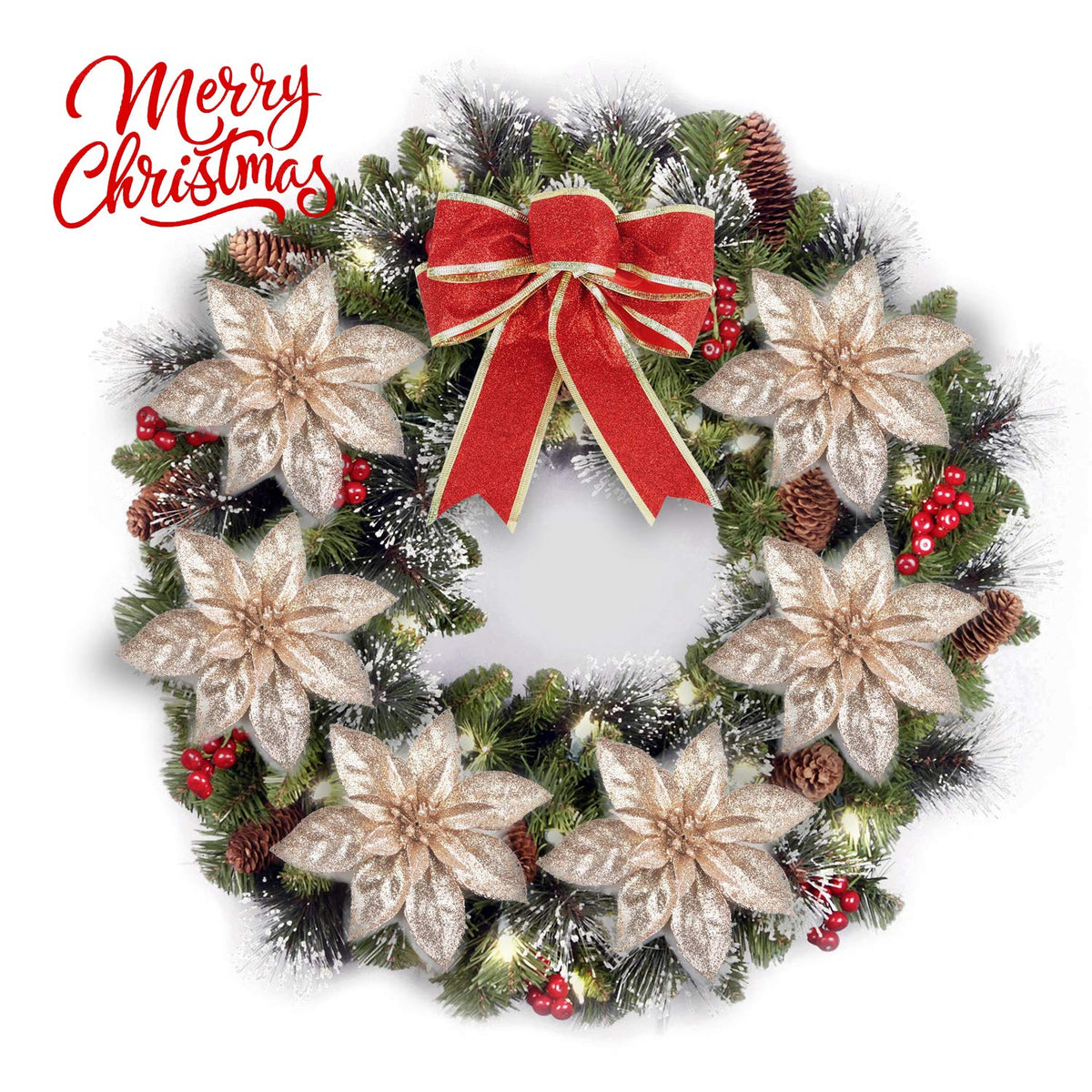 GL-Turelfies 12 Pcs Glitter Christmas Flowers(16cm/6.3’’) with 12 Pcs Clips Artificial Poinsettia Flower Christmas Tree Flower Decorations Xmas Tree Ornaments (Champagne)