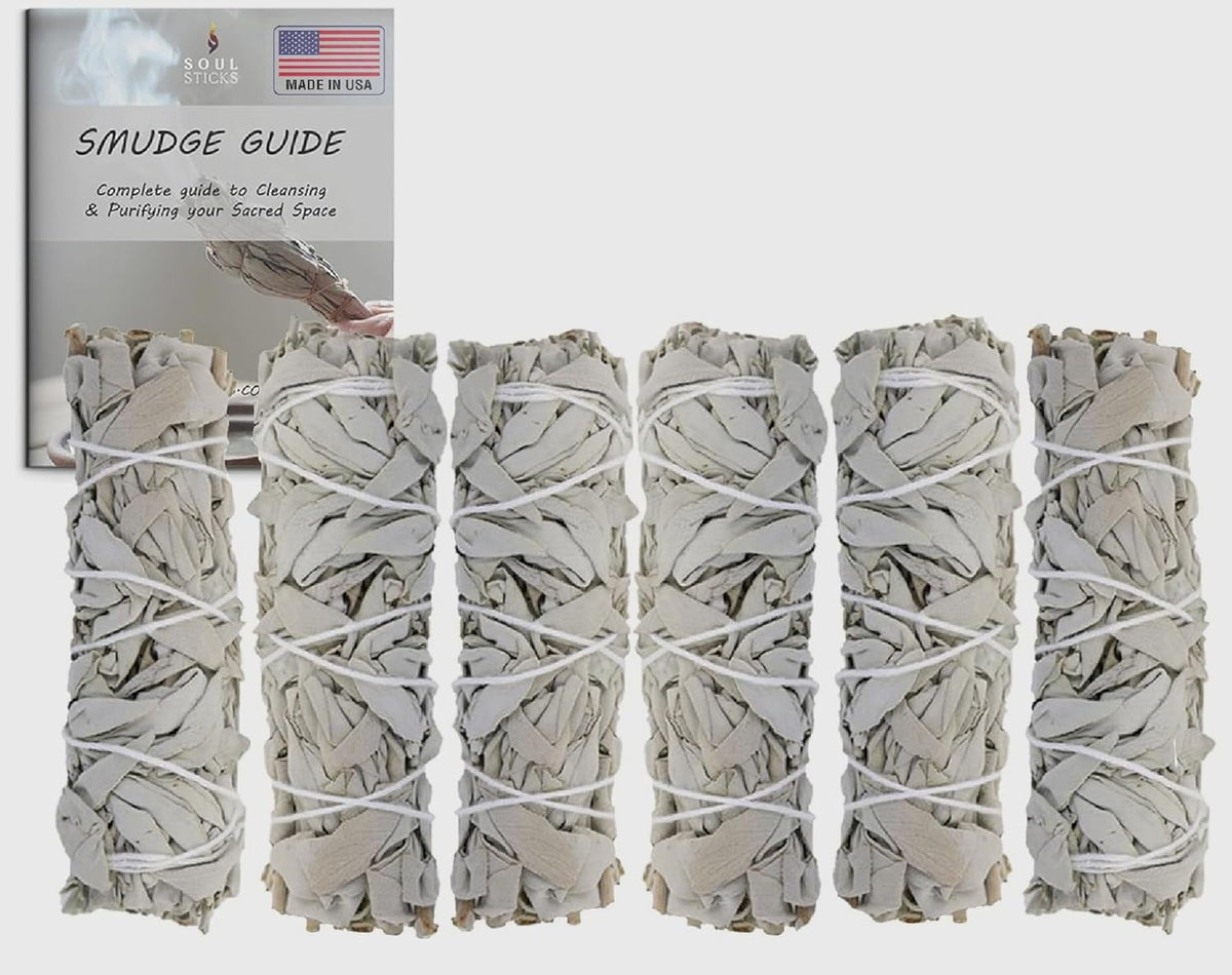 SOUL STICKS 4 Inch 6-Pack Organic California White Sage Smudge Sticks Bulk for Home Cleansing, Negative Energy Removal, Good Energy Meditation & Smudging Rituals | Pure Sage Bundles