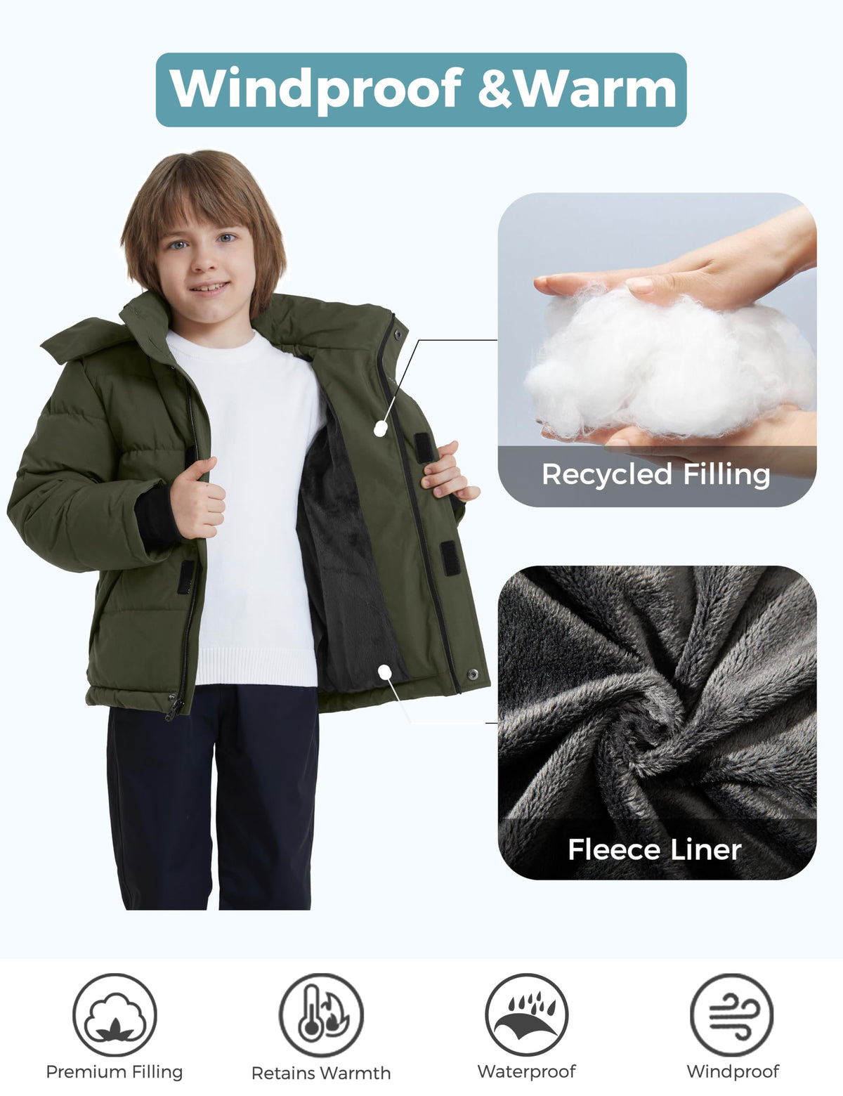 ZSHOW Boys' Windproof Winter Jacket Fleece Lined Padded Puffer Coatt(Army Green,10/12)
