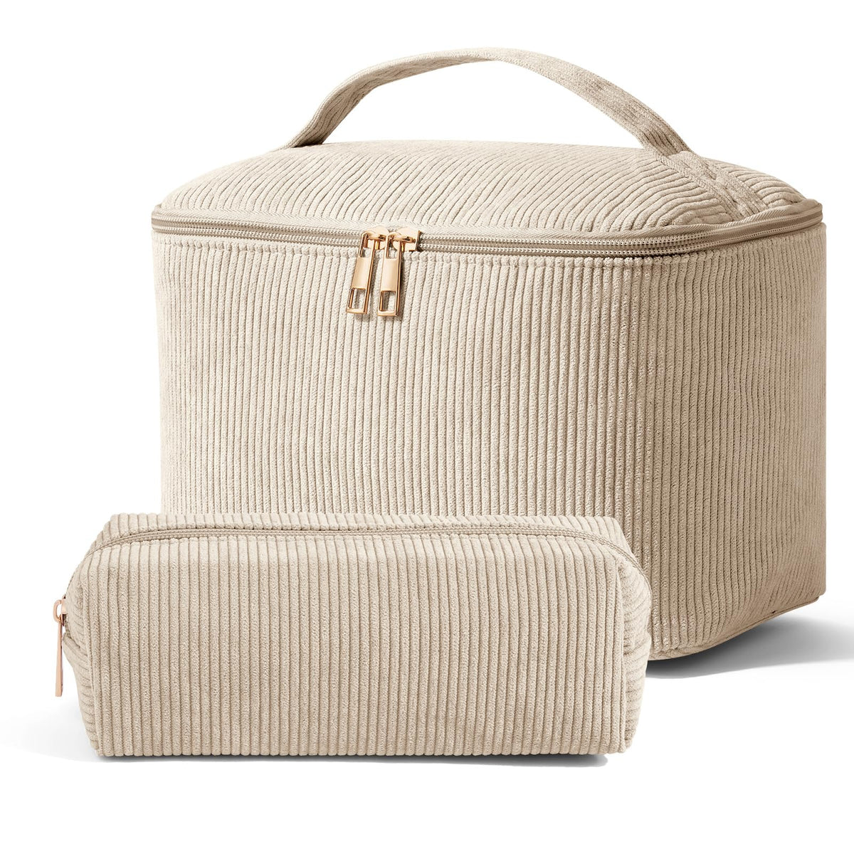 MAGEFY 2Pcs Makeup Bag,Cosmetic Bag Large Capacity with Handle Small Makeup Bag for Purse, Travel Makeup Pouch for Women,Beige
