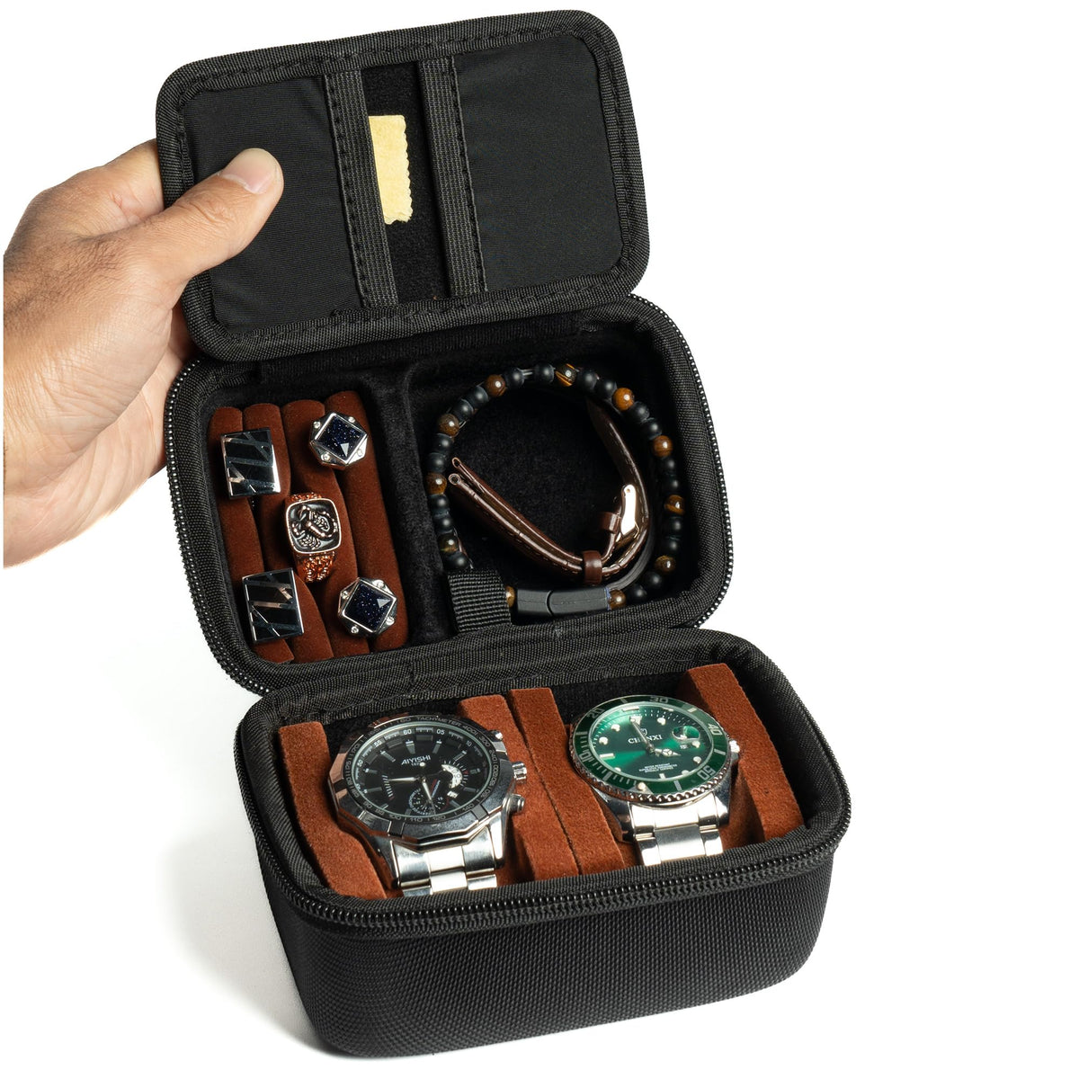 RIGICASE 2 slots Watch travel case, with accessories compartment for rings cufflinks watch band, Hard Portable Watch box holder Organizer with soft pillow fit up to 55mm