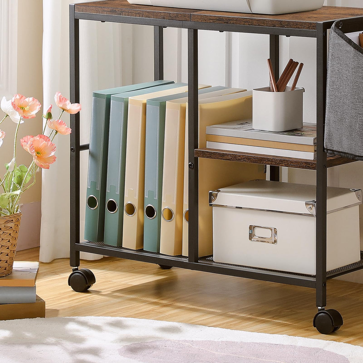 MAHANCRIS Printer Stand with Storage Bag, 3-Tier Mobile Under Desk Printer Cart with Wheels, Wood Rolling Printer Table, Organizer Shelf for Study, Office, Living Room, Rustic Brown PTHR2201