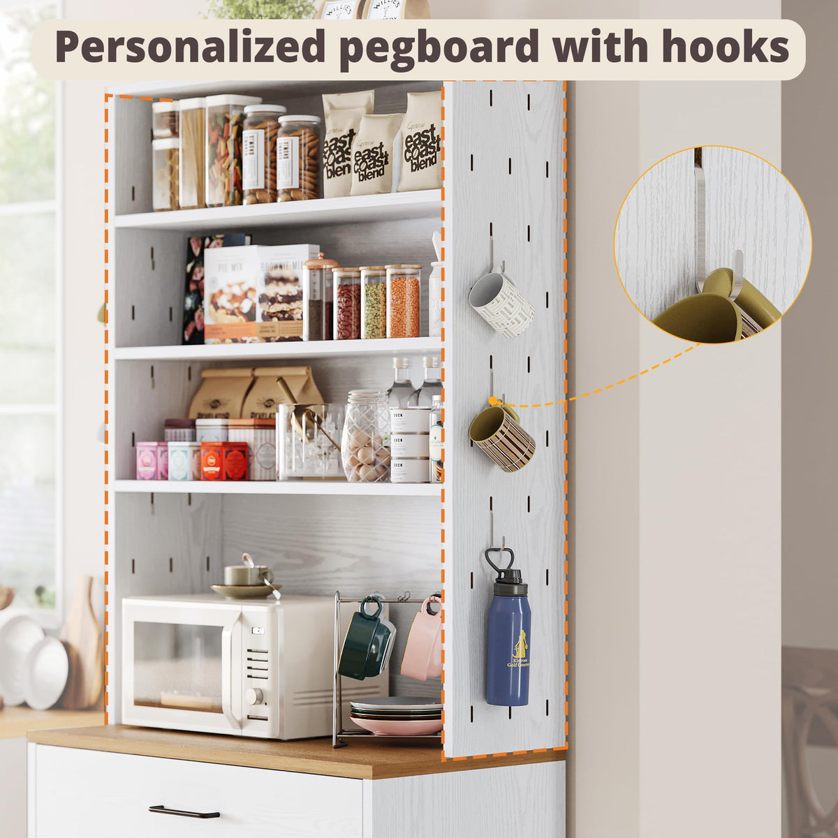 IRONCK Bakers Rack Microwave Stand with Storage and Pegboard, 71" Farmhouse Coffee Bar Cabinet with Drawer, Barn Doors, Adjustable Shelves for Kitchen, Dining Room, Living Room, White
