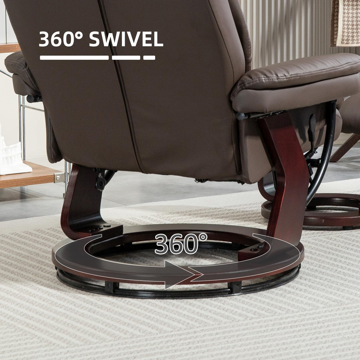HOMCOM Swivel Recliner Chair with Ottoman, PU Leather Recliner with Adjustable Backrest, Footrest, Wood Base, Upholstered Reclining Chair for Living Room, Bedroom, Office, Dark Brown