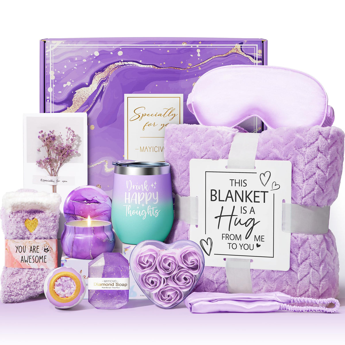 Birthday Gifts for Women Self Care Gifts Get Well Soon Gifts, Rose Relaxing Spa Gifts Basket Care Package w/ Luxury Flannel Blanket, Unique Mothers Day Gifts for Mom Her Friend Sister Wife Grandma