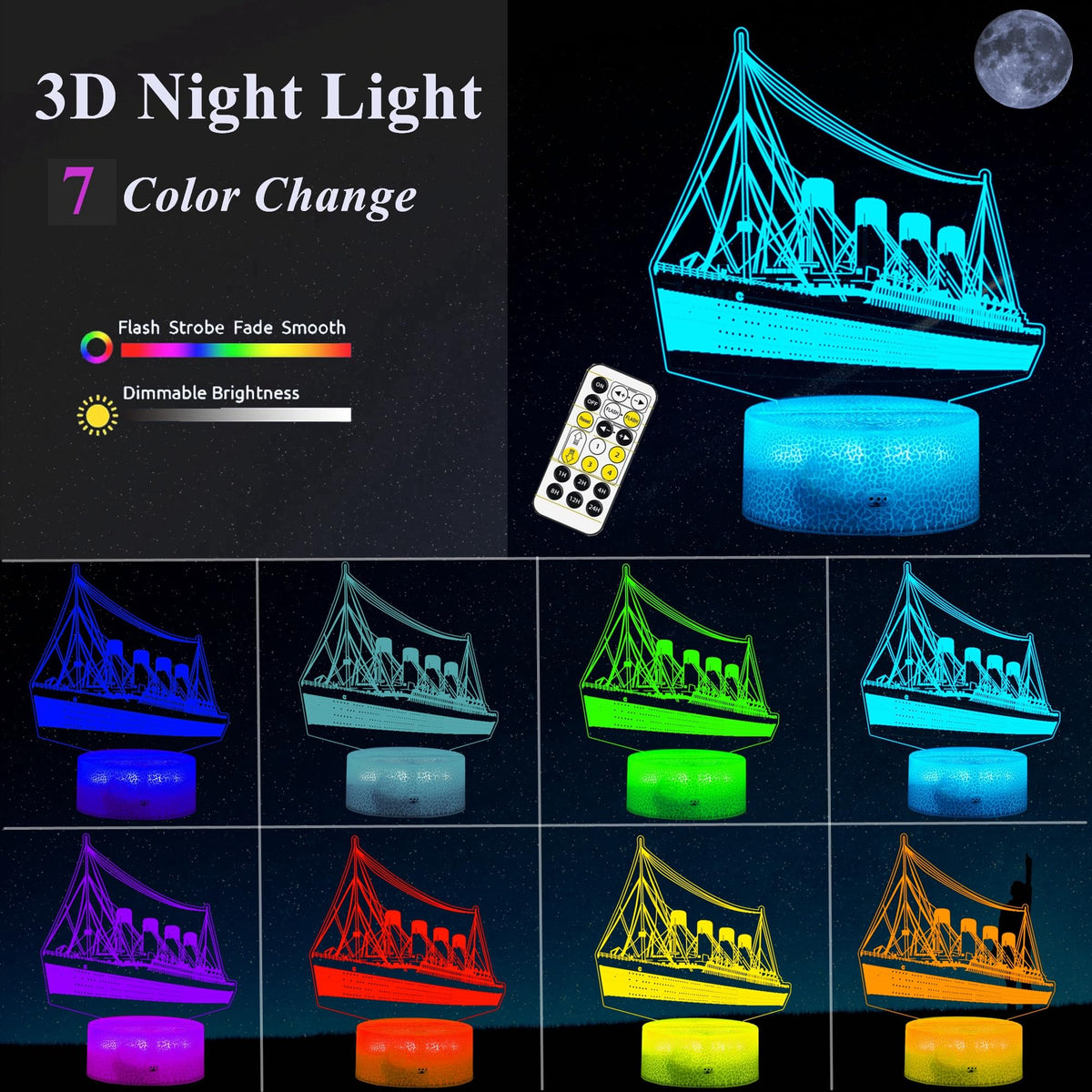 Ship 3D Night Light, Cruise Lamp for Kids with Remote Control 7 RGB Color Timer, Cool Toys Model, 3D Lamp Gift for Boys Girls Room, Birthday Xmas Christmas Gifts for Kids