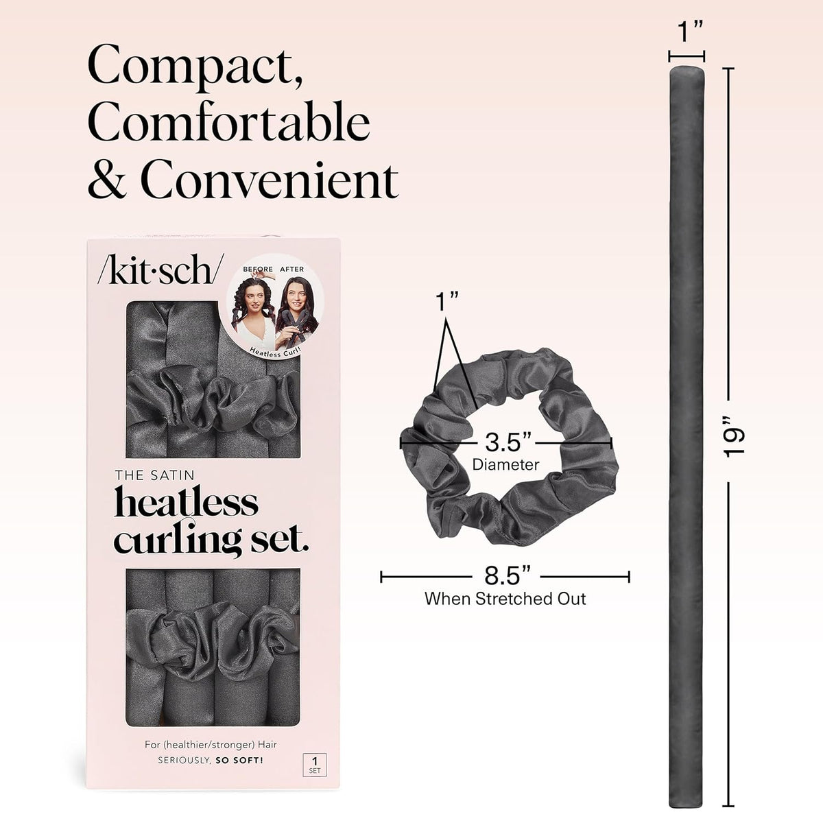Kitsch Satin Heatless Curling Set – Heatless Hair Curler for Women, Hair Curler to Sleep In - with 2 Satin Scrunchies for Overnight Curls – No Heat Damage Styling with Heatless Curler - Charcoal