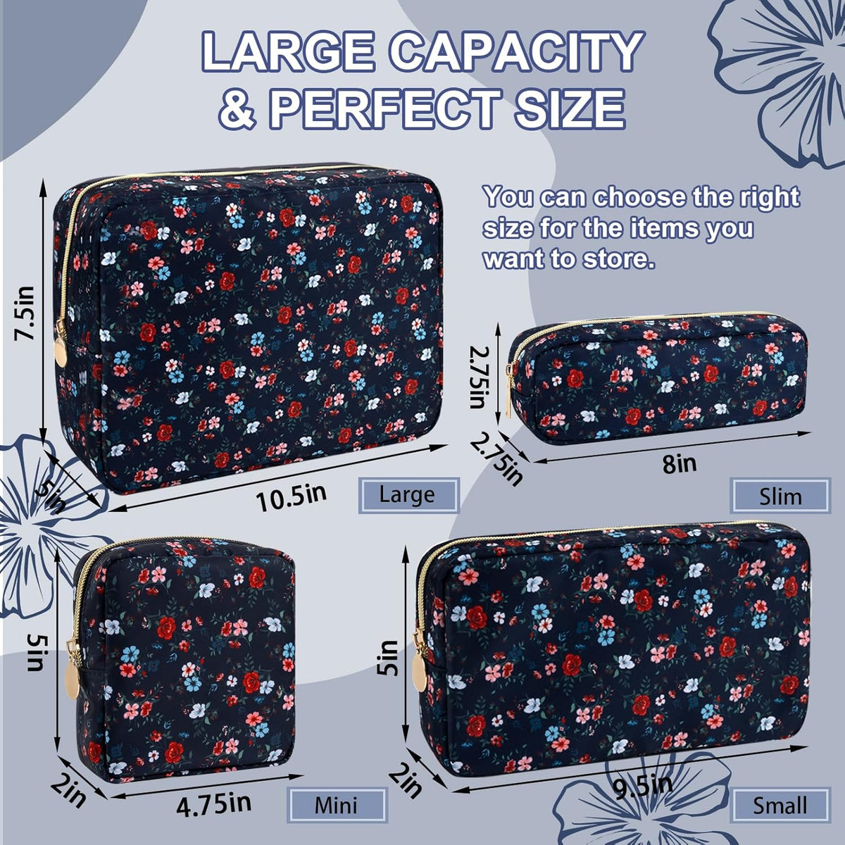 Waterproof Mini Floral Makeup Bag Pouch for Purse,Nylon Flower Cosmetic Travel Bag Small Preppy Toiletry Organizers Bag for Women Girl,Cute Zipper Pouch Coin Purse for Work(Mini Black-Flowers)