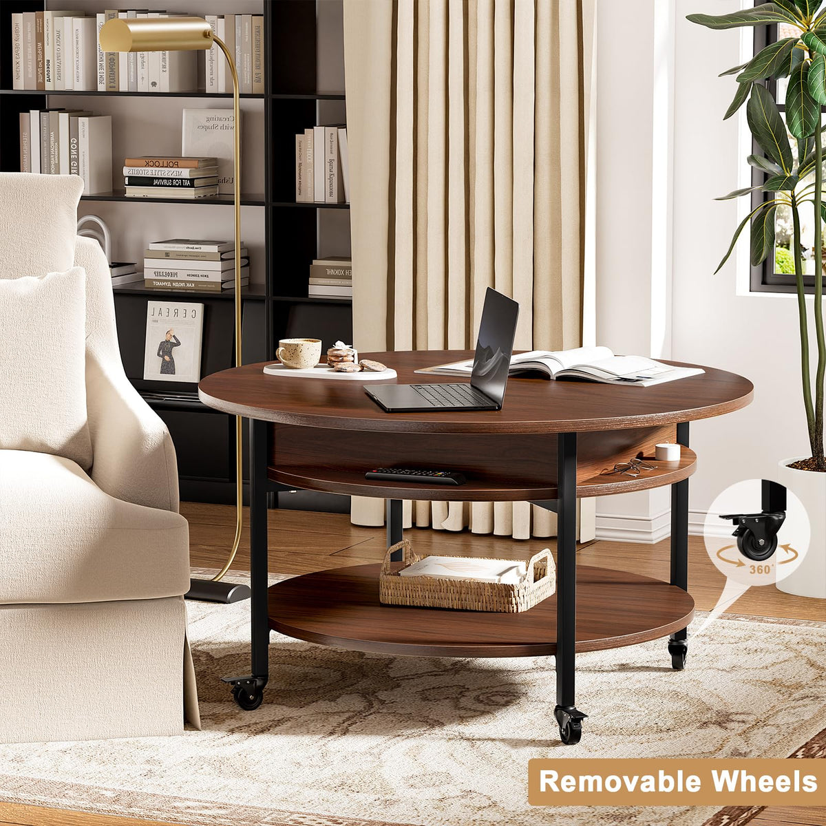 FABATO Round Lift Top Coffee Table With Wheels, 26.77'' Rolling Center Table With Storage and Compartment for Living Room, 2 Tier Small Circle Dining Table, Espresso