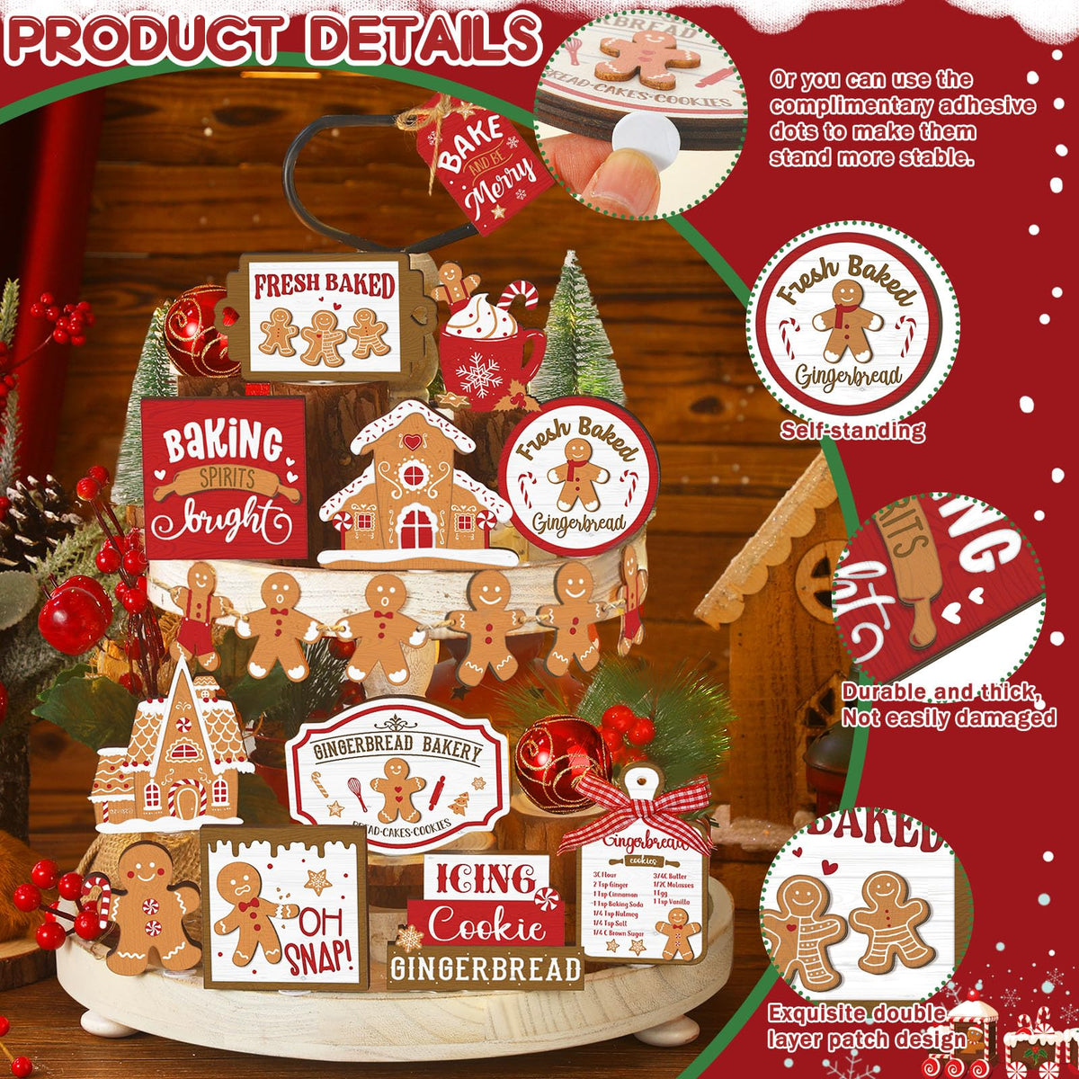 Funnymoom 17 Pcs Christmas Tiered Tray Decor Set Winter Tiered Tray Decorations Farmhouse Tabletop Centerpiece Christmas Wooden 3D Signs for Xmas Home Table Centerpiece Decorations(Gingerbread)