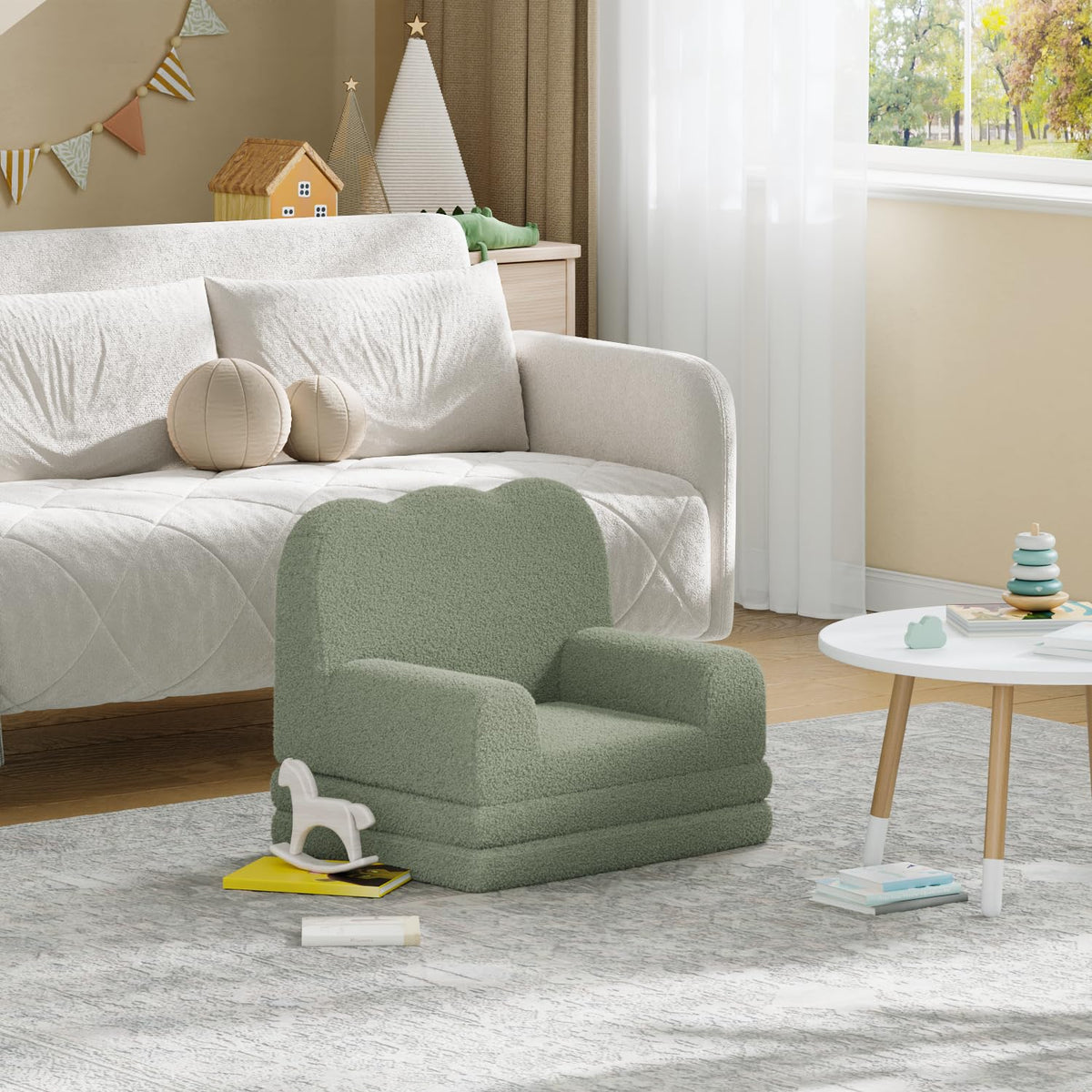 GarveeHome Kids Couch, 2-in-1 Comfy Toddler Couch Fold Out, Convertible Sofa to Lounger with Cute Wave Design, Foam Kids Chair with Soft Sherpa, Gift for Girls and Boys (Green Wavy)