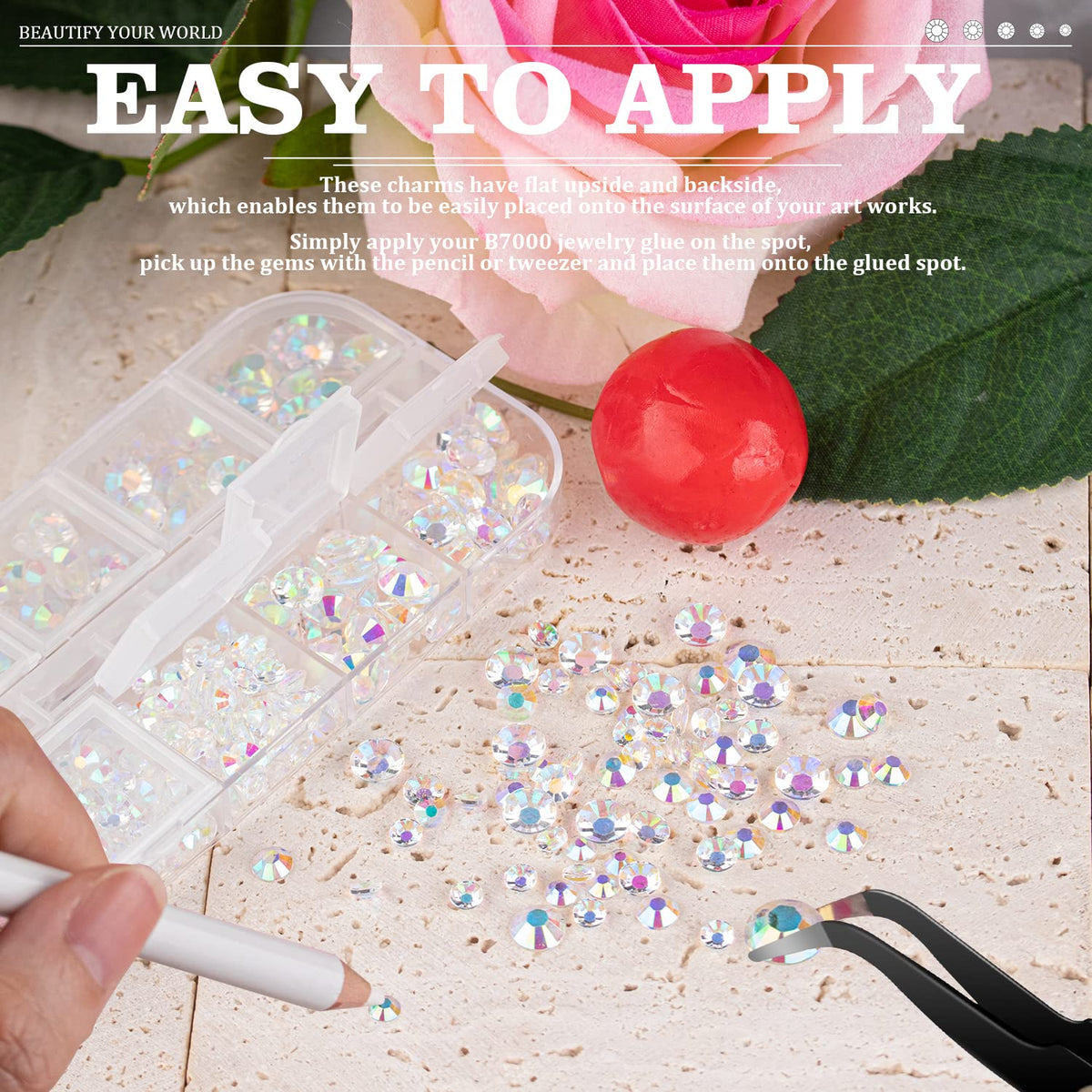 7000PCS Resin Rhinestones with Tweezers for Crafting, 2/3/4/5/6mm Flatback Jelly Rhinestones, 4 Box Transparent AB Non Hotfix Crystal Gems for DIY Crafts Mugs Tumblers Clothes Makeup Nail