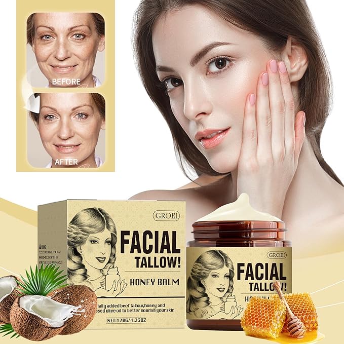 Beef Tallow for Face Skin, Moisturizer Natural Organic Honey Skin Balm for Lip And Body Cream, Organic Grass-Fed Face Cream