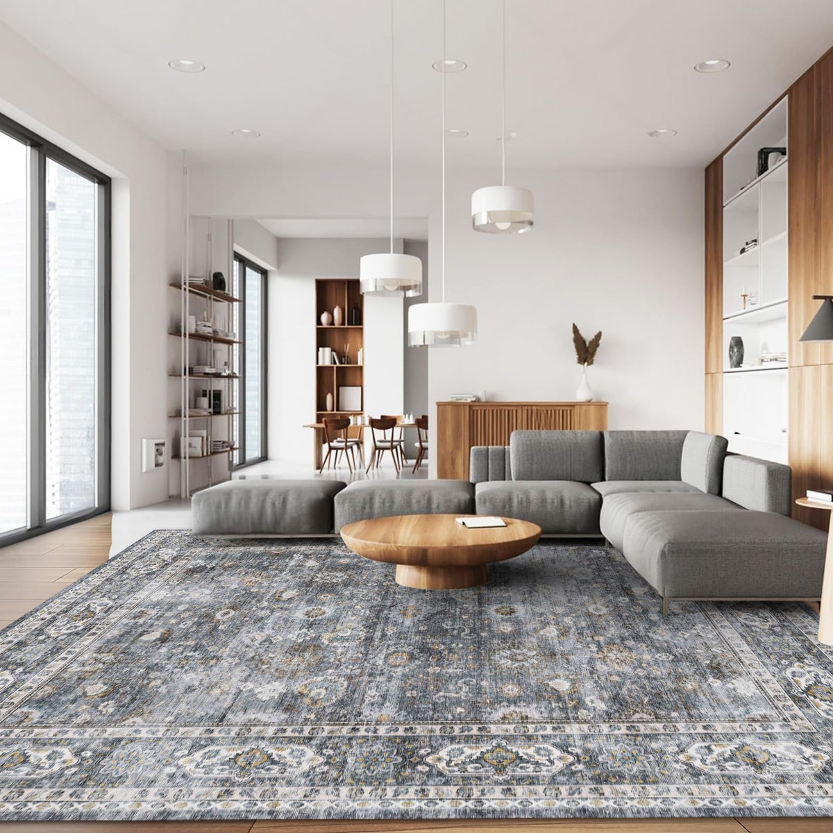 Rugcomf 8x10 Rug Washable Boho Rug Soft Large Area Rug Non-Slip Non-Shedding Faux Wool Vintage Rug for Living Room, Farmhouse, Dining Room, Indoor, Kids Playroom (Grey)
