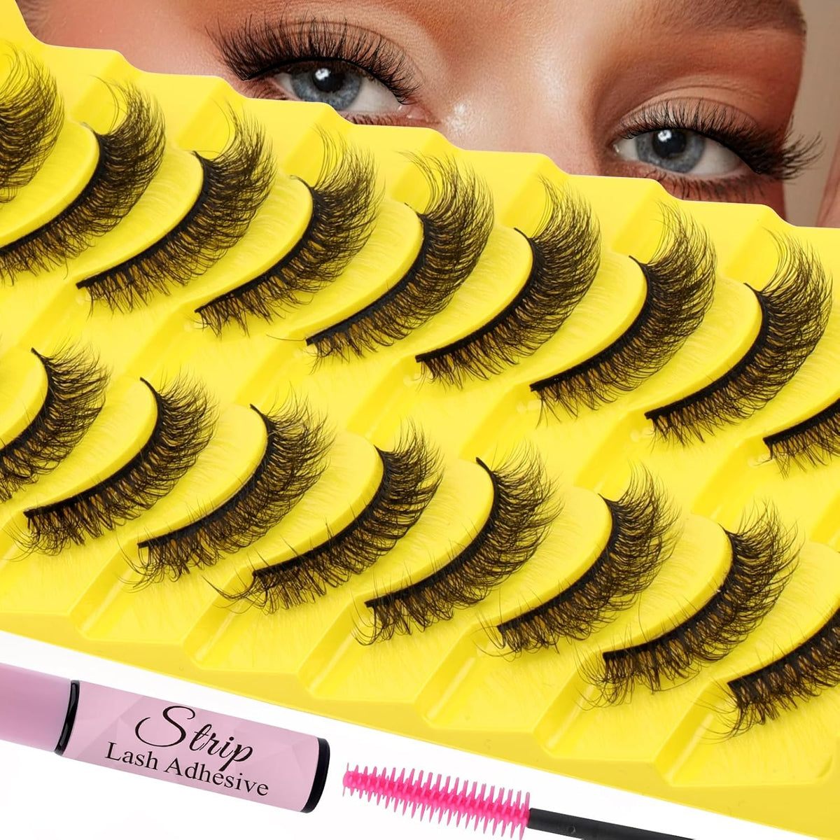 Strip Lash with Glue for DIY Lash-users: 10 Pairs, DIY, Natural Look, Fluffy, Manga, Wispy, Waterproof, Anime, Cat Eye, D Curl, JN17