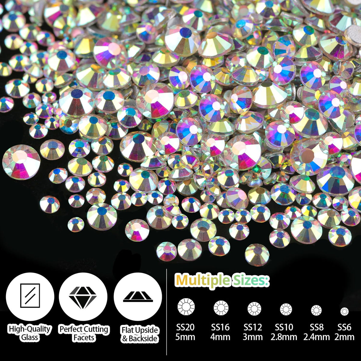 Rhinestones for Nails, Manicure Kit with Nail Rhinestone Glue Gel, Multi Size Flat Back Glass Crystal AB + Mixed Color Iridescent Gemstones & Gem Glue (UV/LED Needed) with Dotting Tools