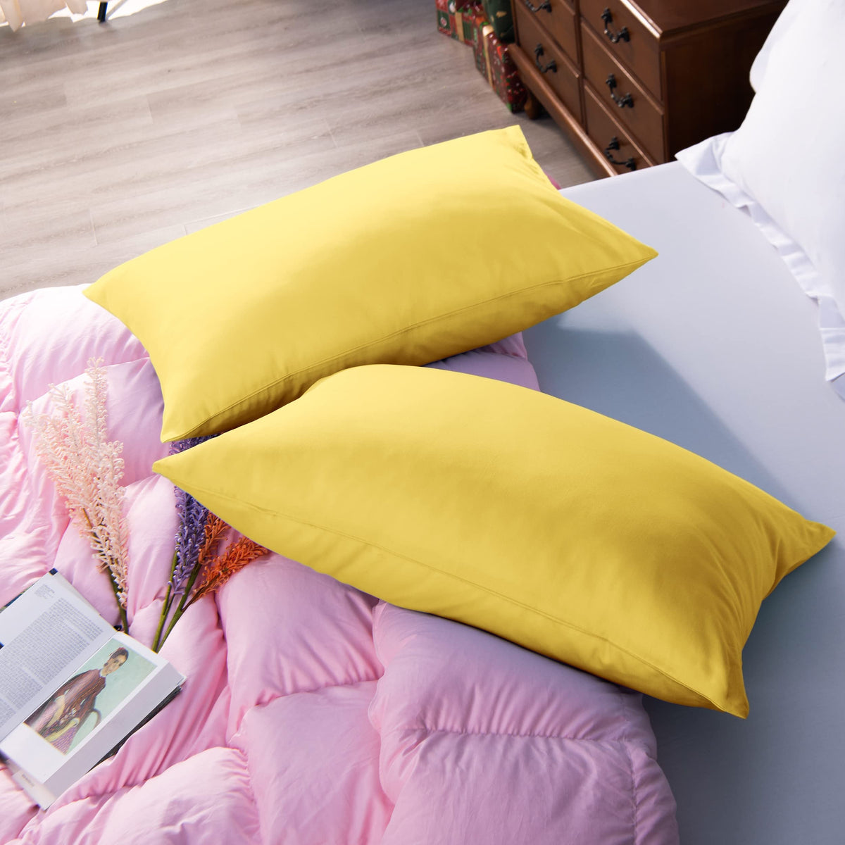 NTBAY Egyptian Cotton Queen Pillowcases - Set of 2, 500 Thread Count Cotton Pillowcases - Soft and Breathable Envelope Closure Pillow Cases - 20x30 Pillow Covers for Bed, Mustard Yellow