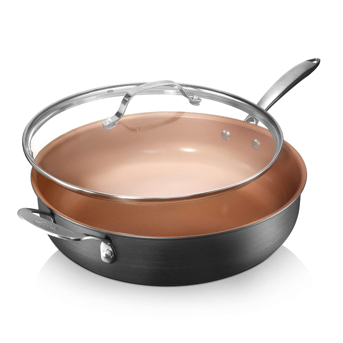 Gotham Steel Nonstick Deep Saute Pan with Lid – 5.5 Quart Large Ceramic Jumbo Cooker 12 Inch Frying Pan with Lid, Stay Cool Handle + Helper Handle, Oven & Dishwasher Safe, 100% PFOA Free