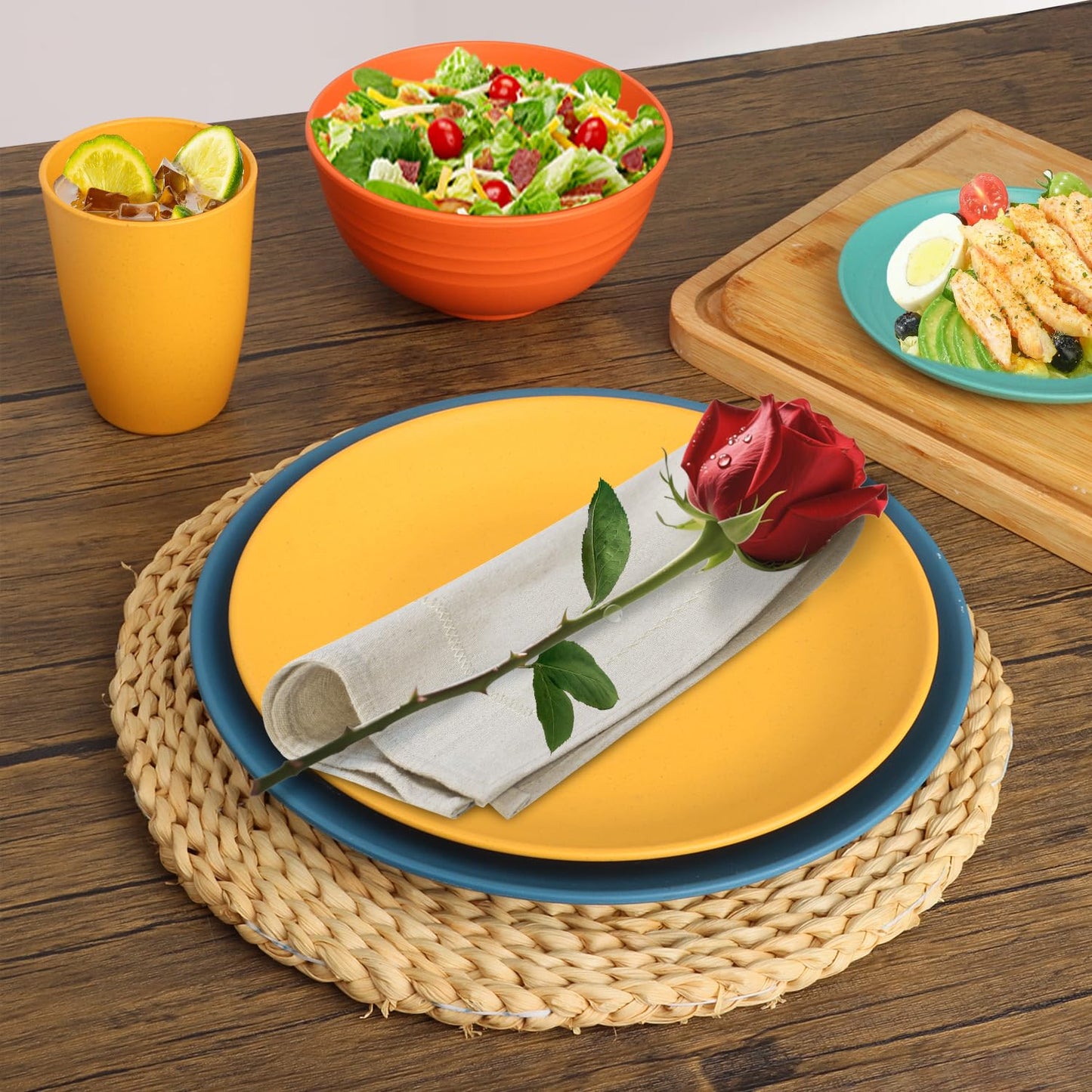 SINOGE Wheat Straw Dinnerware Sets, 40PCS Kids Dinner Plates and Cereal Bowls Set, Microwave and Dishwasher Safe Cups Set for 8, Lightweight Unbreakable Kitchen Dishes Dinnerware Sets- Multi