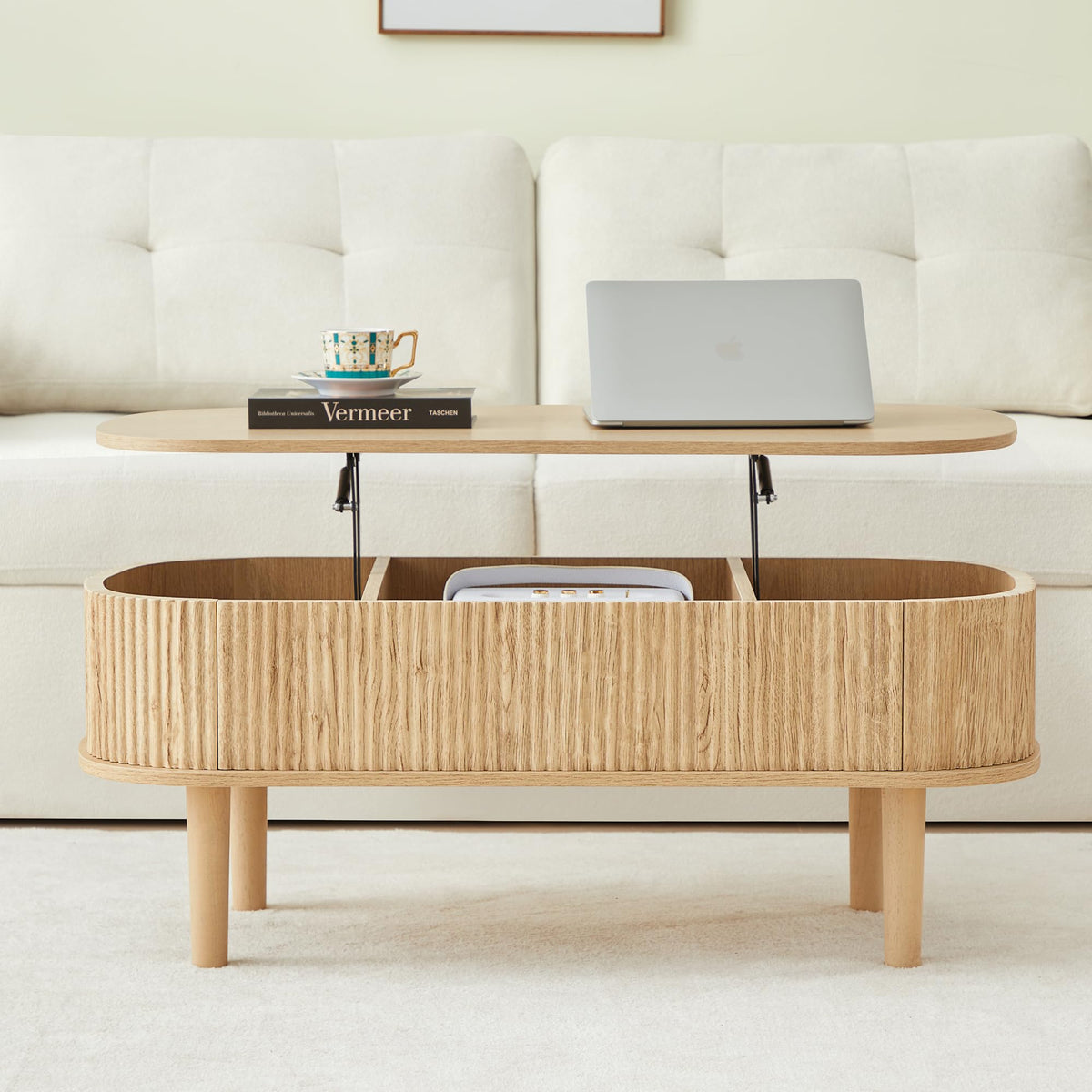 Fluted Lift Top Coffee Table with Hidden Compartment, Fully Assembled Wooden Center Table, Modern Oval Lift Tabletop for Home Living Room Office, Natural
