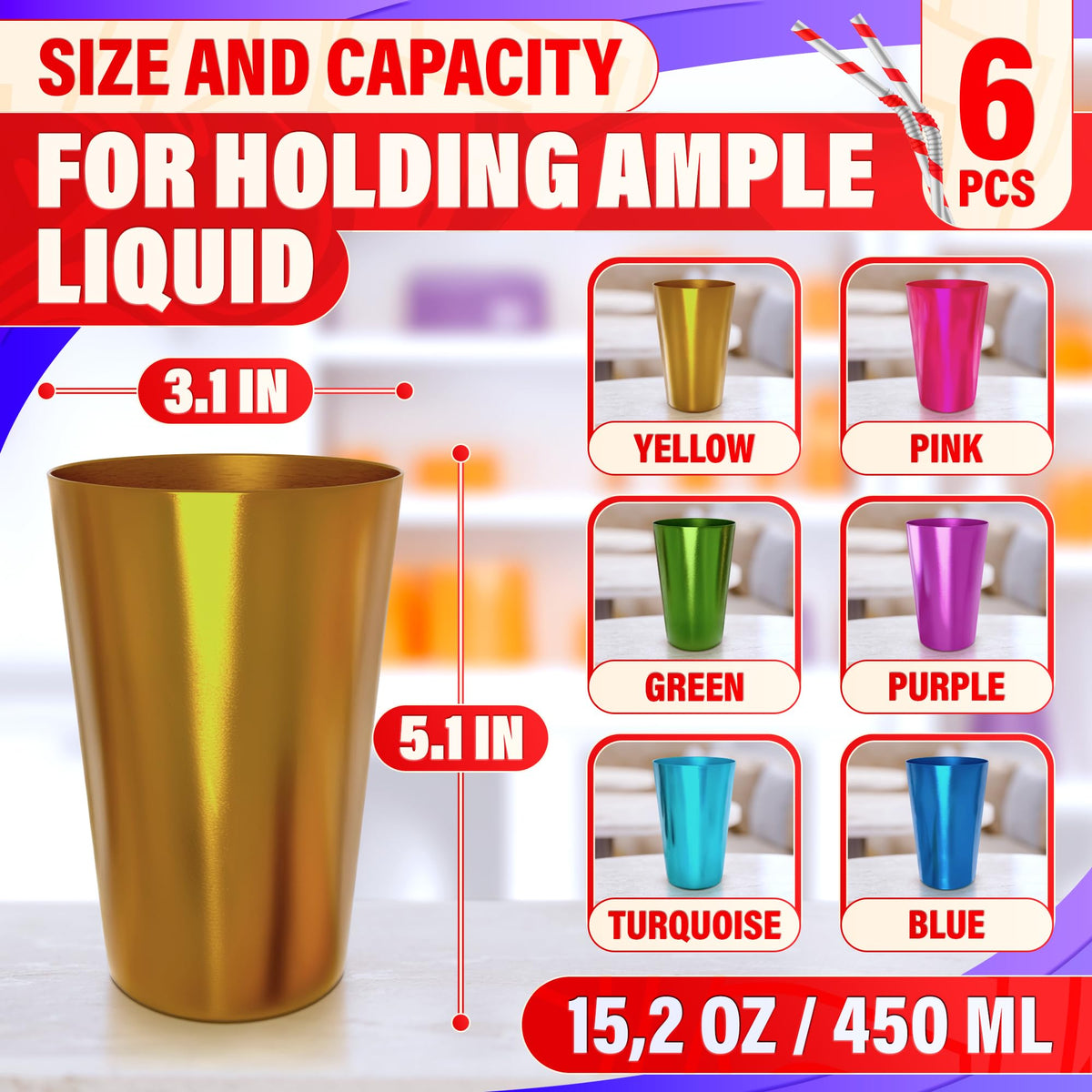 6 Pcs Aluminum Tumblers 15 oz - Lightweight, Durable, and Reusable Metal Cups | Vibrant Festive Colors for Hot and Cold Beverages | Sturdy Anodized Design for Parties and Outdoor Use | Dishwasher Safe
